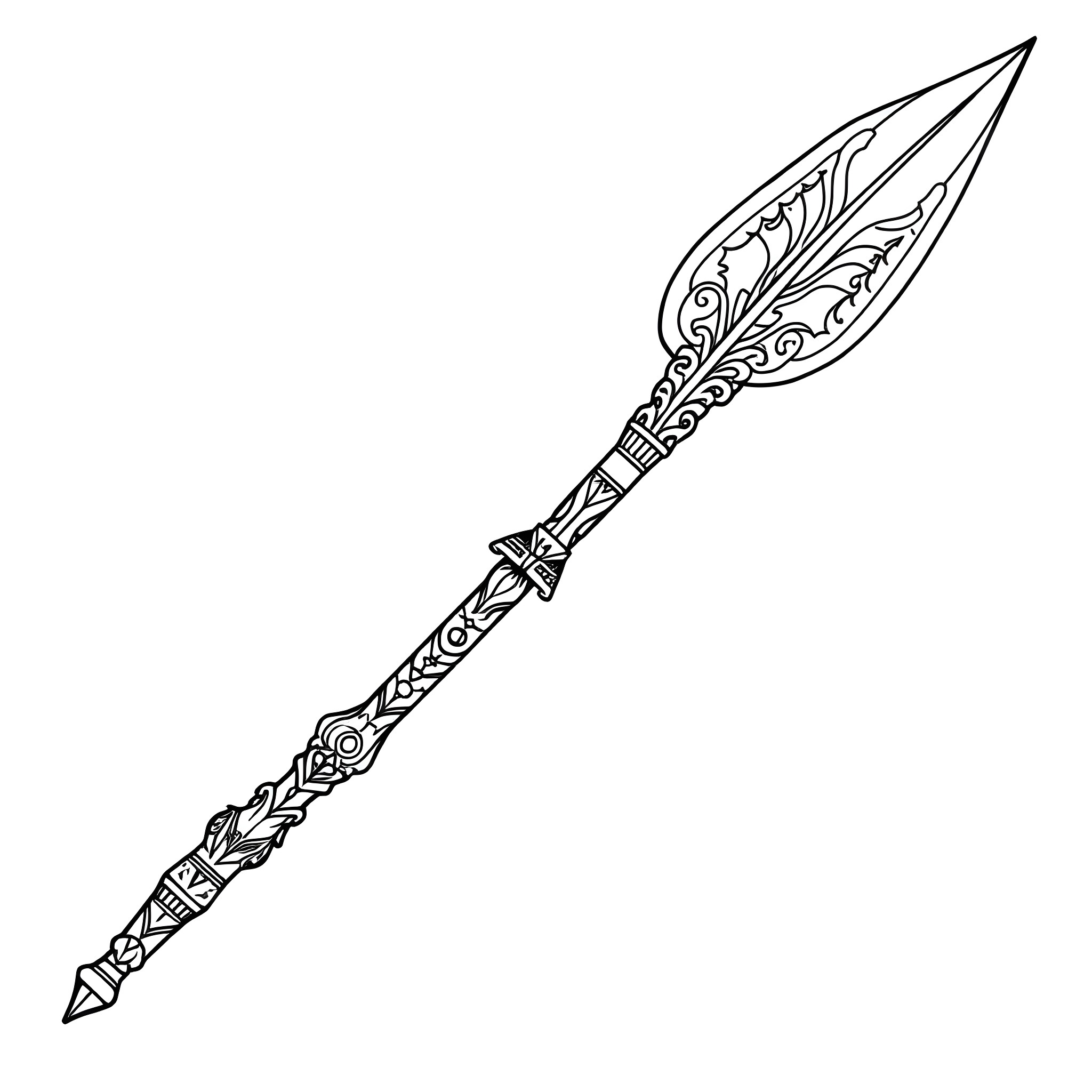 Spear with ornate designs and patterns Coloring Page (free black-and-white line drawing printable PDF for all, from beginners to advanced learners, including children, teens, adults, and seniors)