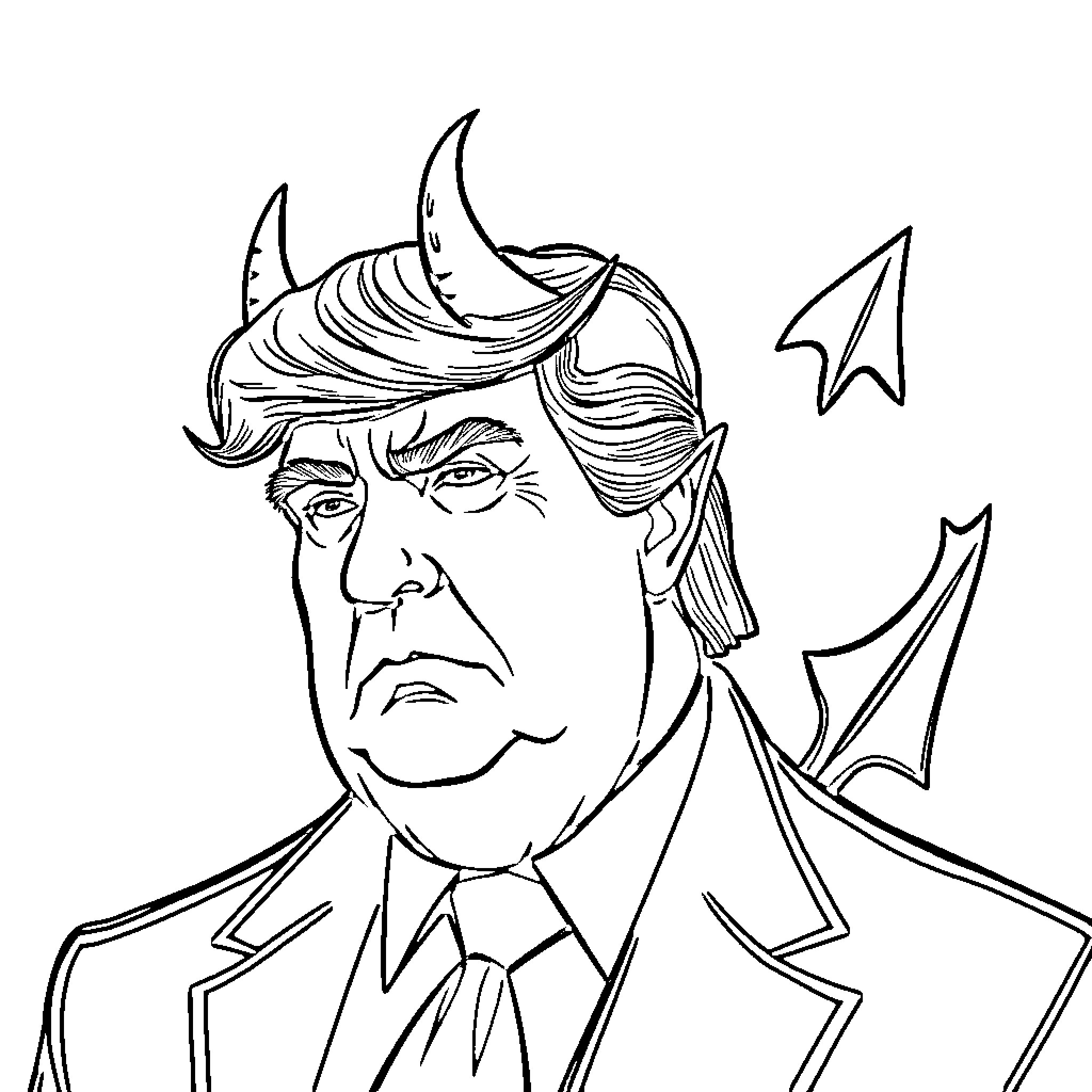 Devil-like figure in dark political attire Coloring Page (free black-and-white line drawing printable PDF for all, from beginners to advanced learners, including children, teens, adults, and seniors)