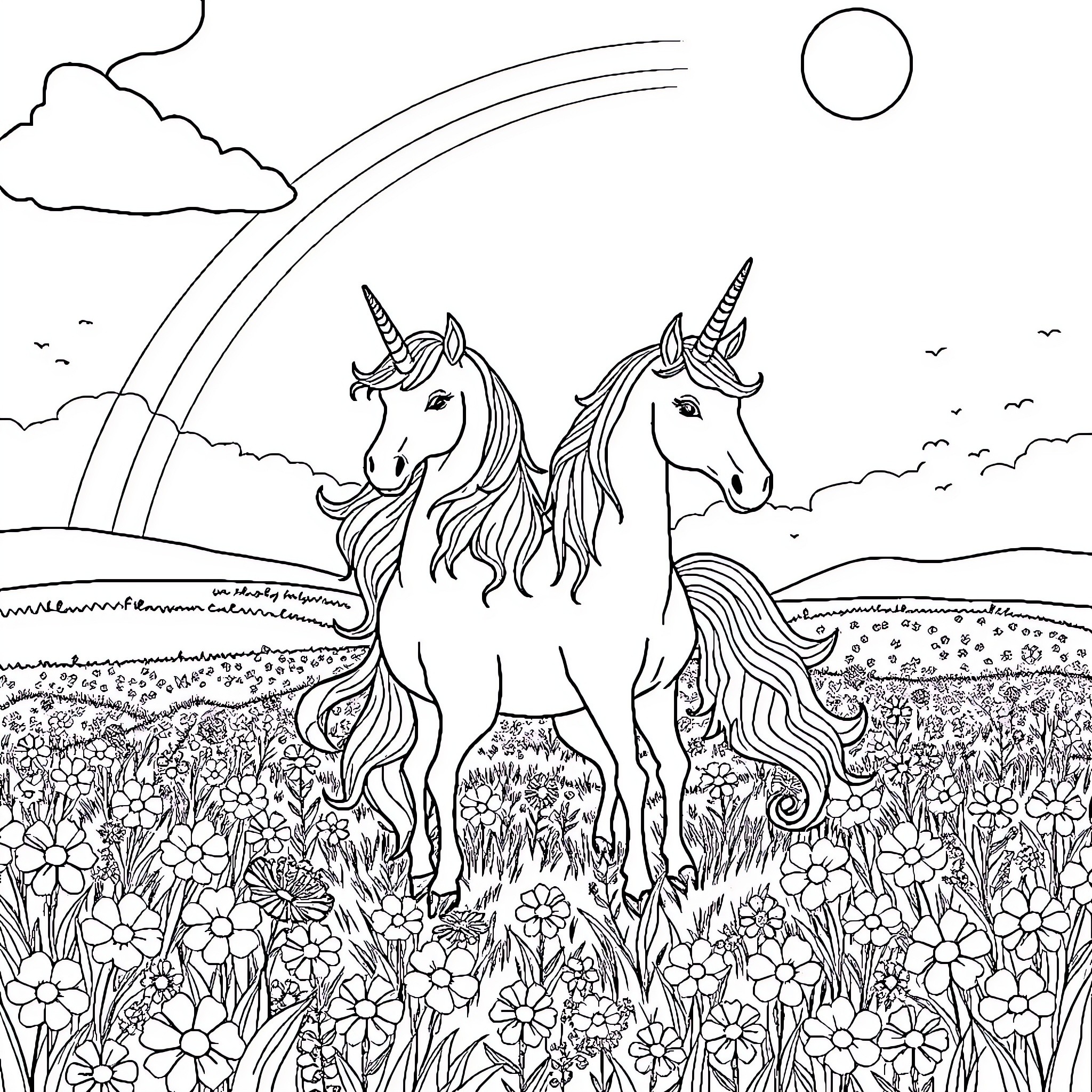 Unicorn pair standing in a magical flower field Coloring Page (free black-and-white line drawing printable PDF for all, from beginners to advanced learners, including children, teens, adults, and seniors)