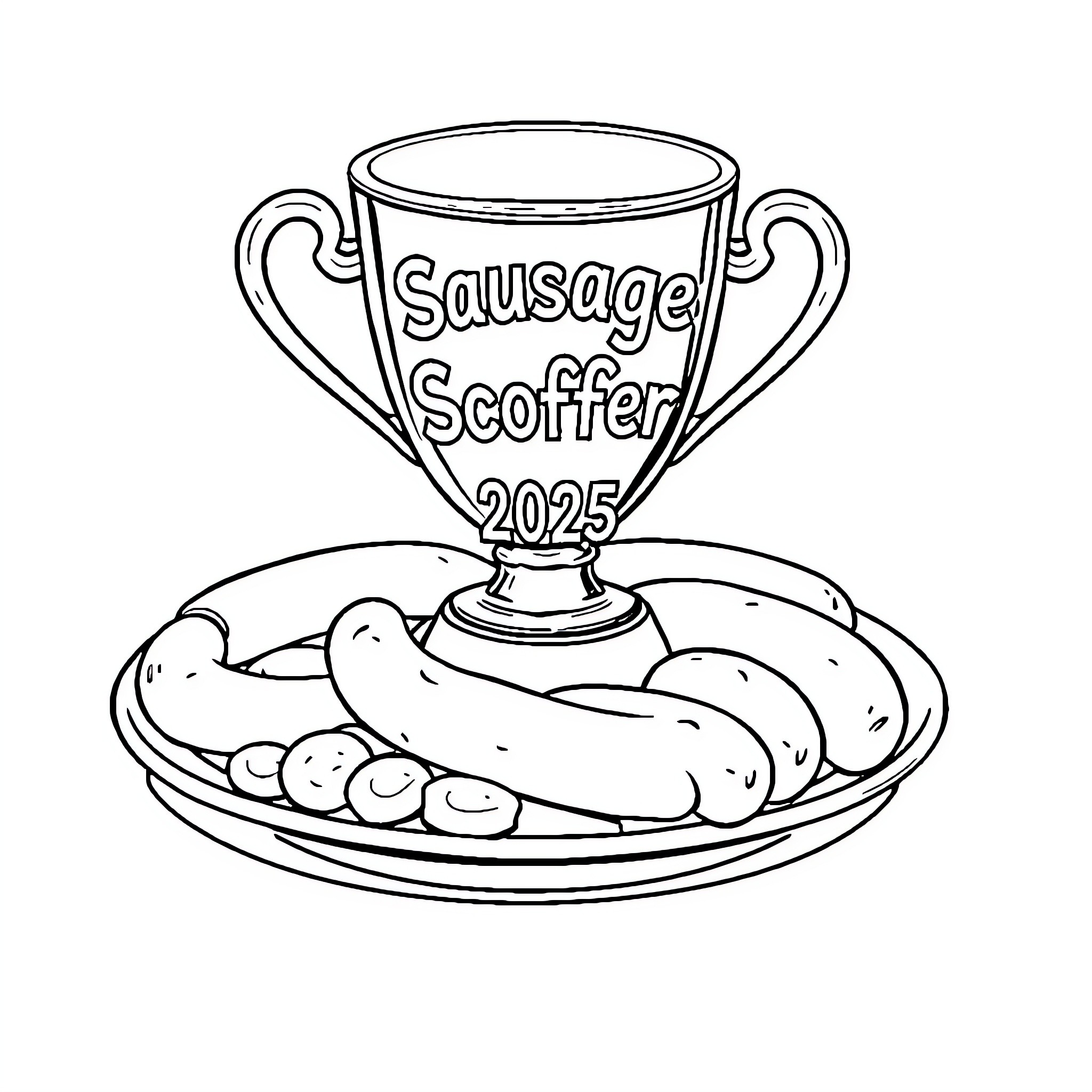 Trophy for Sausage Scoffing 2025 Coloring Page (free black-and-white line drawing printable PDF for all, from beginners to advanced learners, including children, teens, adults, and seniors)