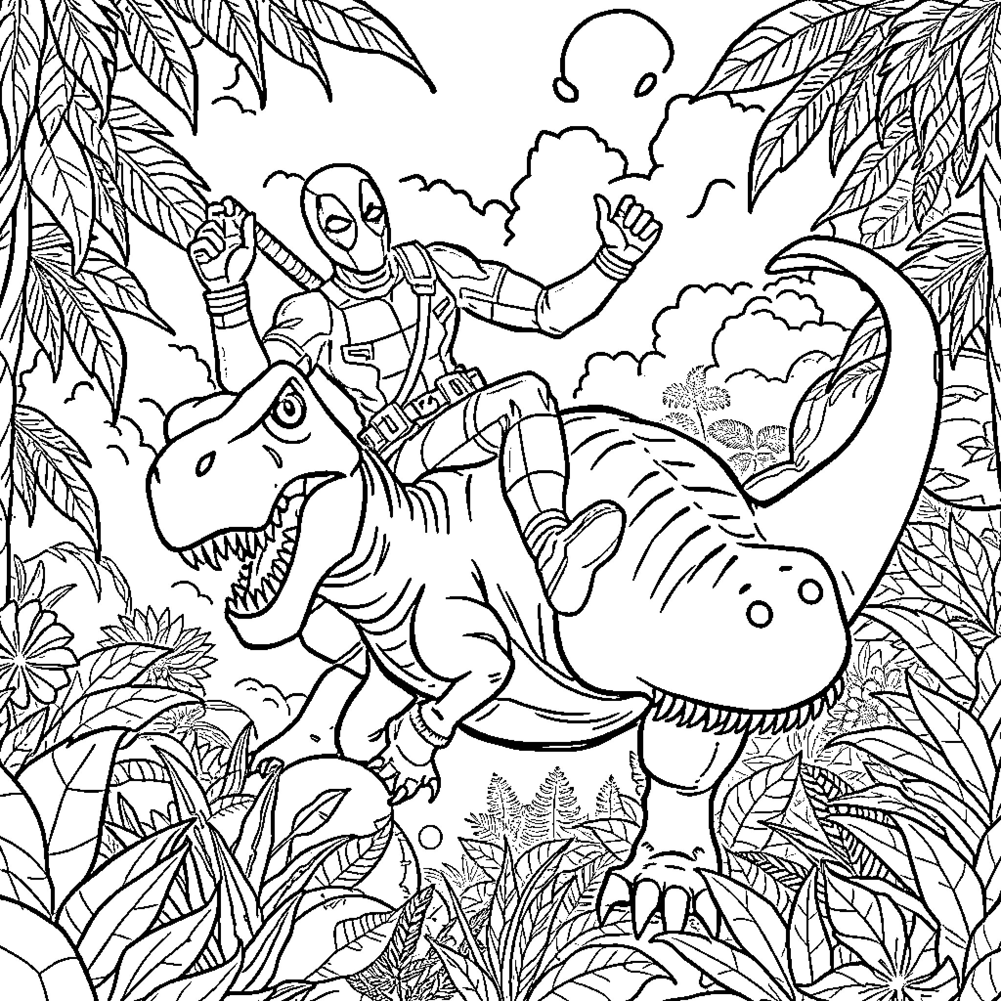 Deadpool's Jurassic Adventure Coloring Page (free black-and-white line drawing printable PDF for all, from beginners to advanced learners, including children, teens, adults, and seniors)