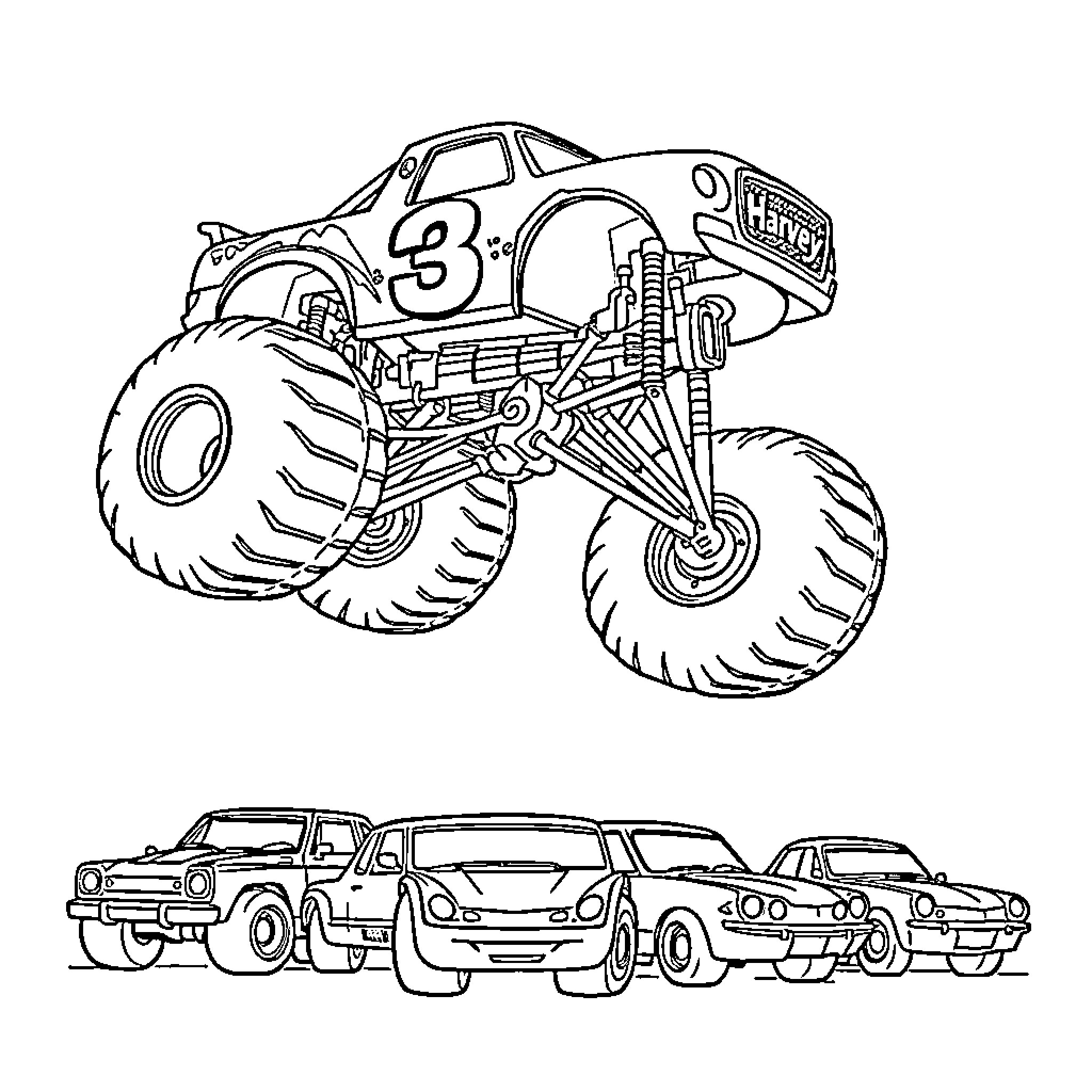 Monster Truck racing through obstacles Coloring Page (free black-and-white line drawing printable PDF for all, from beginners to advanced learners, including children, teens, adults, and seniors)