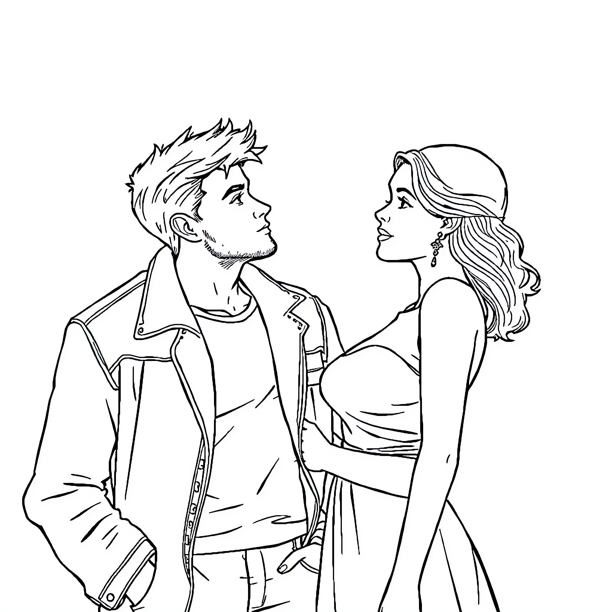 Homme in romantic conversation with woman Coloring Page (free black-and-white line drawing printable PDF for all, from beginners to advanced learners, including children, teens, adults, and seniors)