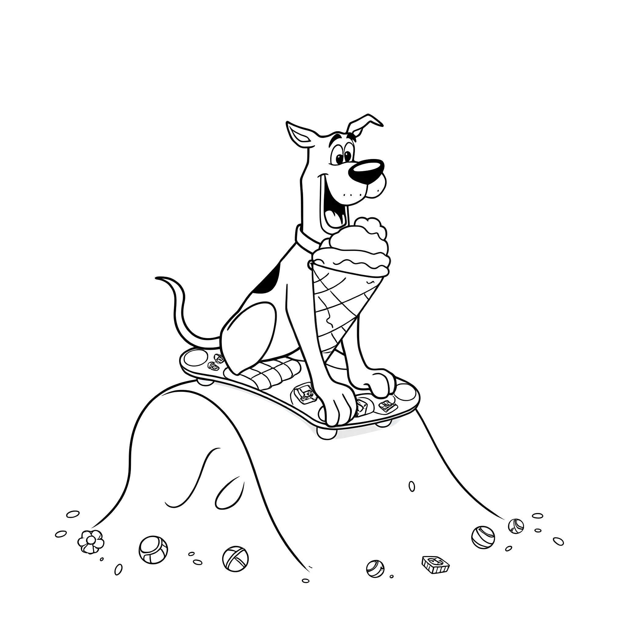 Scooby Doo enjoying a tasty ice cream treat Coloring Page (free black-and-white line drawing printable PDF for all, from beginners to advanced learners, including children, teens, adults, and seniors)