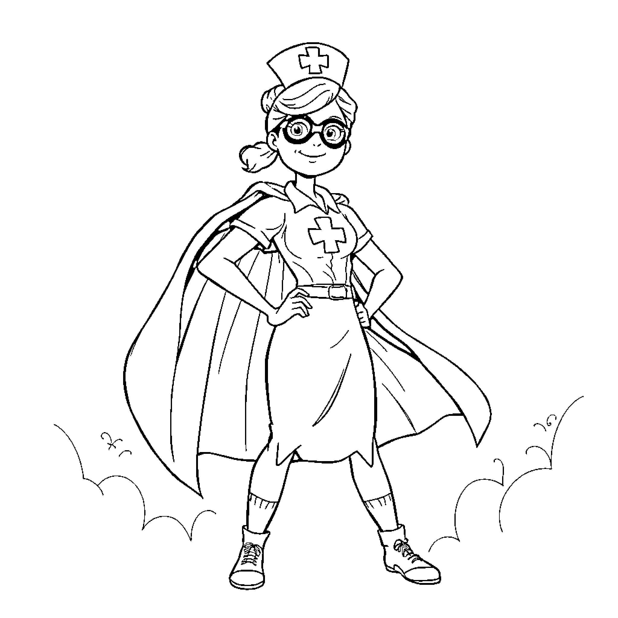 Nurse Superhero Saving the Day Coloring Page (free black-and-white line drawing printable PDF for all, from beginners to advanced learners, including children, teens, adults, and seniors)