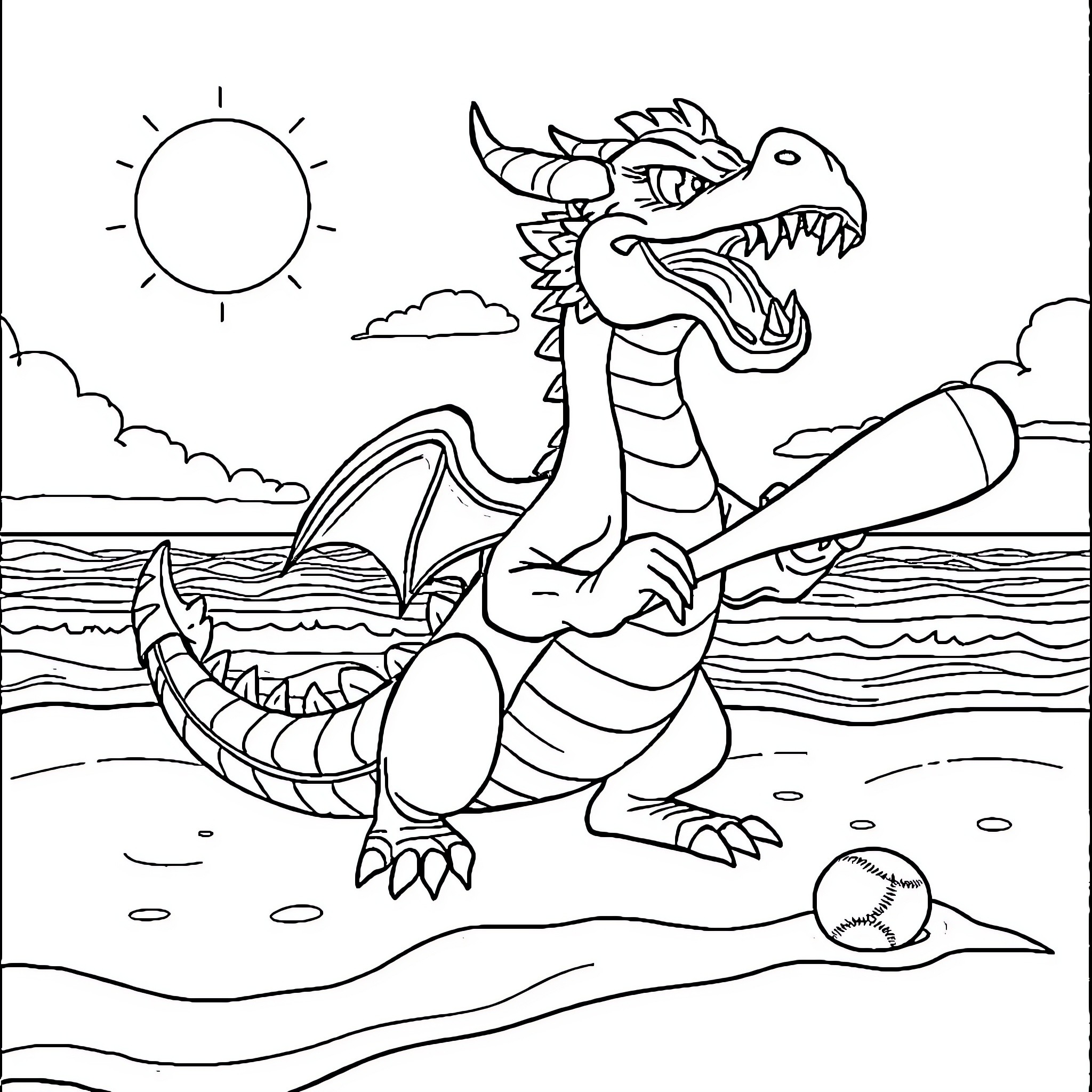 Dragon enjoying a day at the beach Coloring Page (free black-and-white line drawing printable PDF for all, from beginners to advanced learners, including children, teens, adults, and seniors)