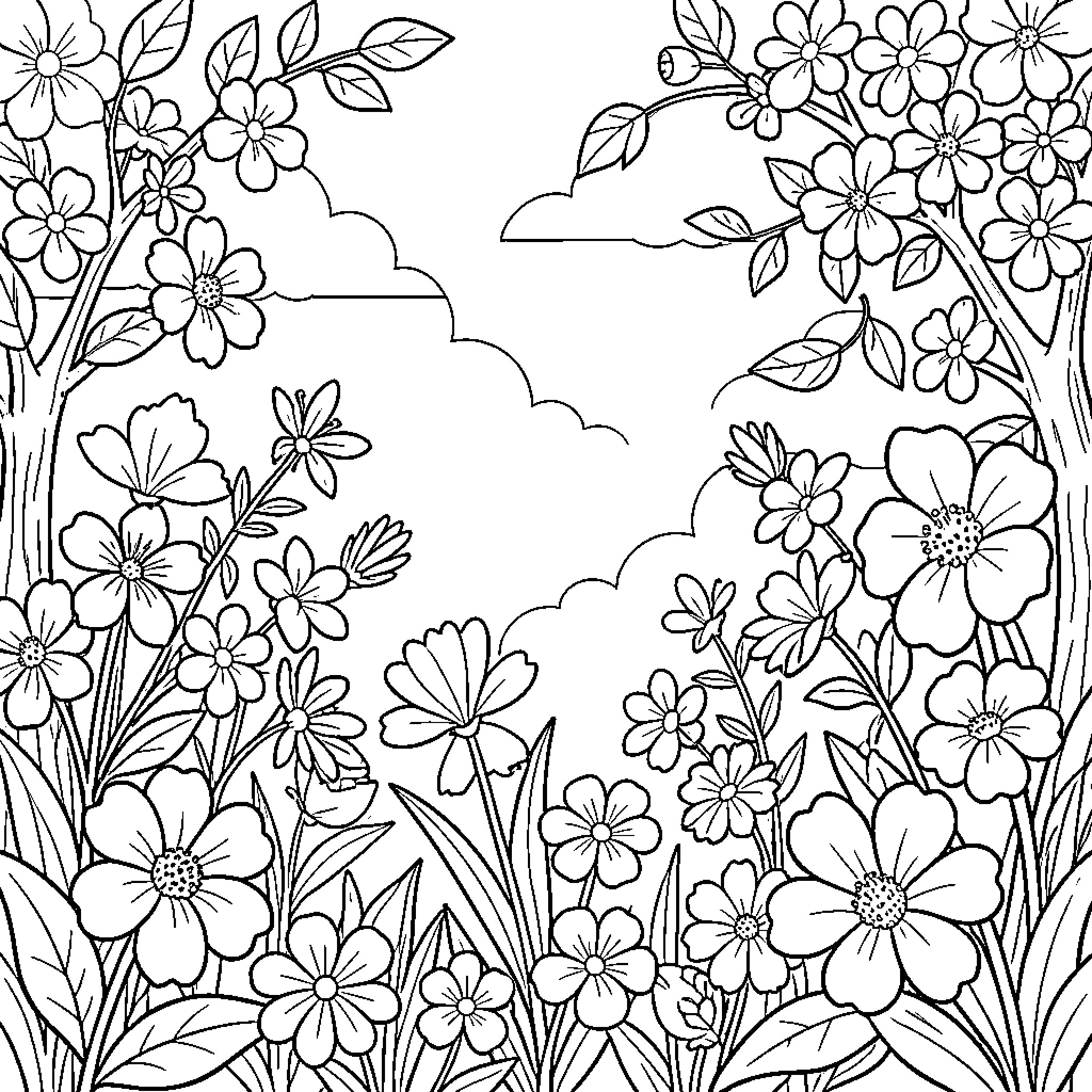 Spring Flowers in Bloom Coloring Page (free black-and-white line drawing printable PDF for all, from beginners to advanced learners, including children, teens, adults, and seniors)