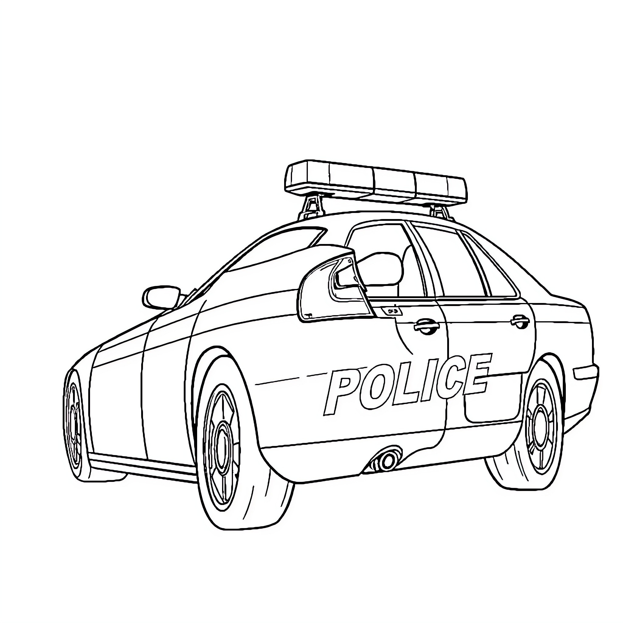 Police Car on Patrol Coloring Page (free black-and-white line drawing printable PDF for all, from beginners to advanced learners, including children, teens, adults, and seniors)