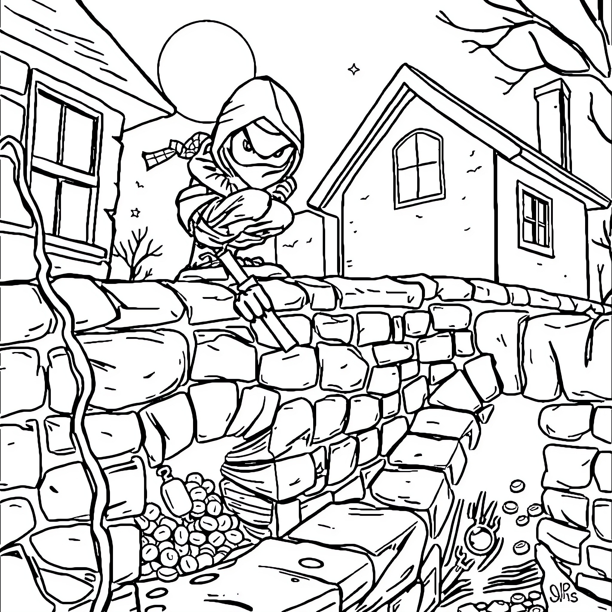 Ninja on a dangerous mission in the dark Coloring Page (free black-and-white line drawing printable PDF for all, from beginners to advanced learners, including children, teens, adults, and seniors)
