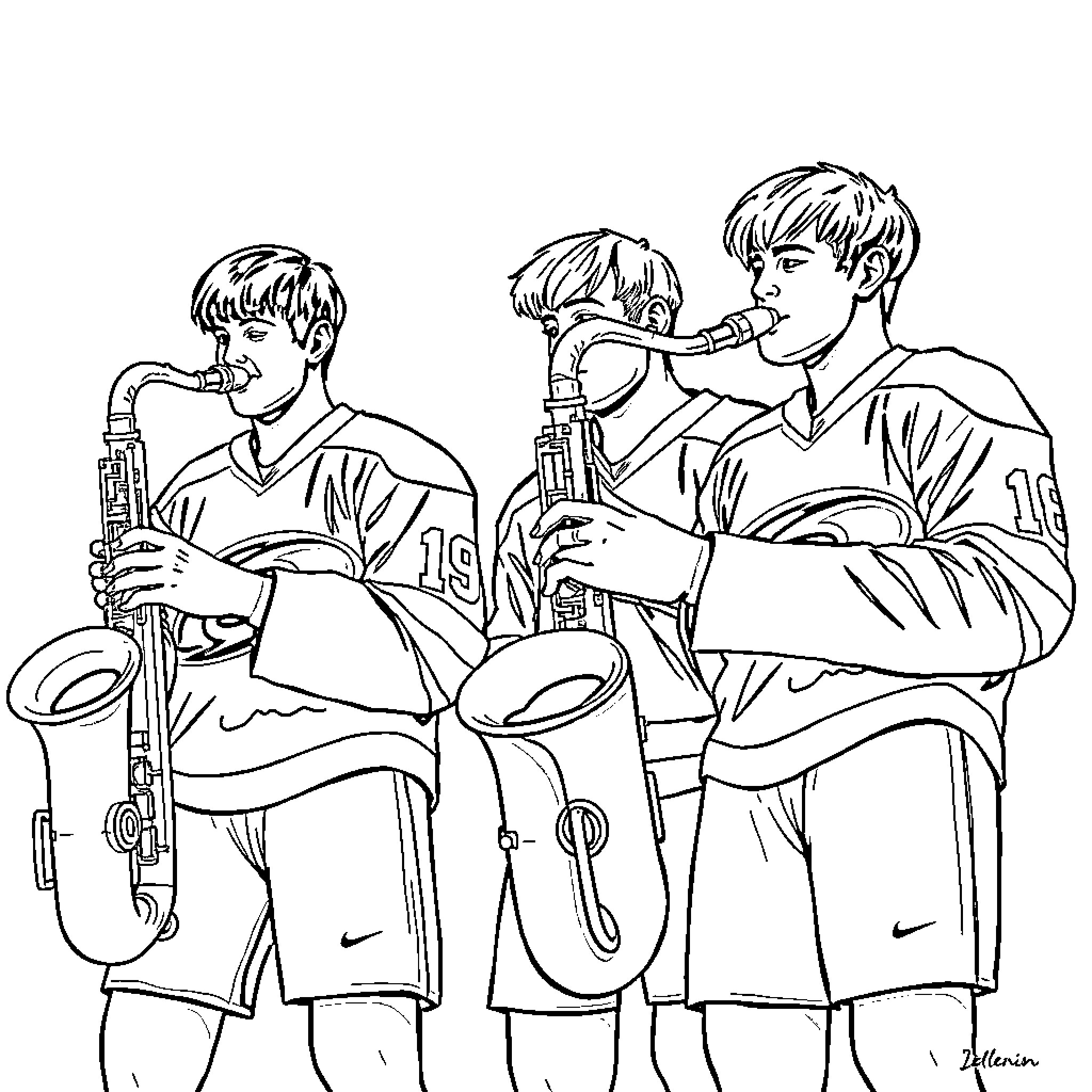 BTS Members Performing With Musical Instruments Coloring Page (free black-and-white line drawing printable PDF for all, from beginners to advanced learners, including children, teens, adults, and seniors)