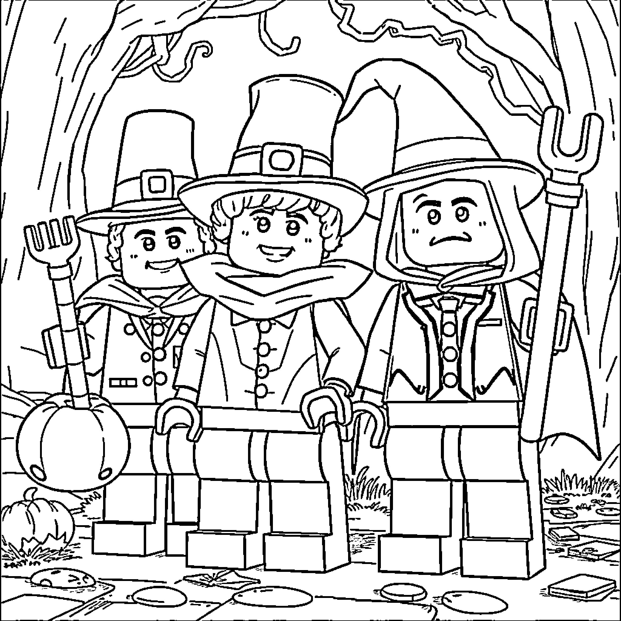 Lego Pilgrims Celebrating Thanksgiving Coloring Page (free black-and-white line drawing printable PDF for all, from beginners to advanced learners, including children, teens, adults, and seniors)