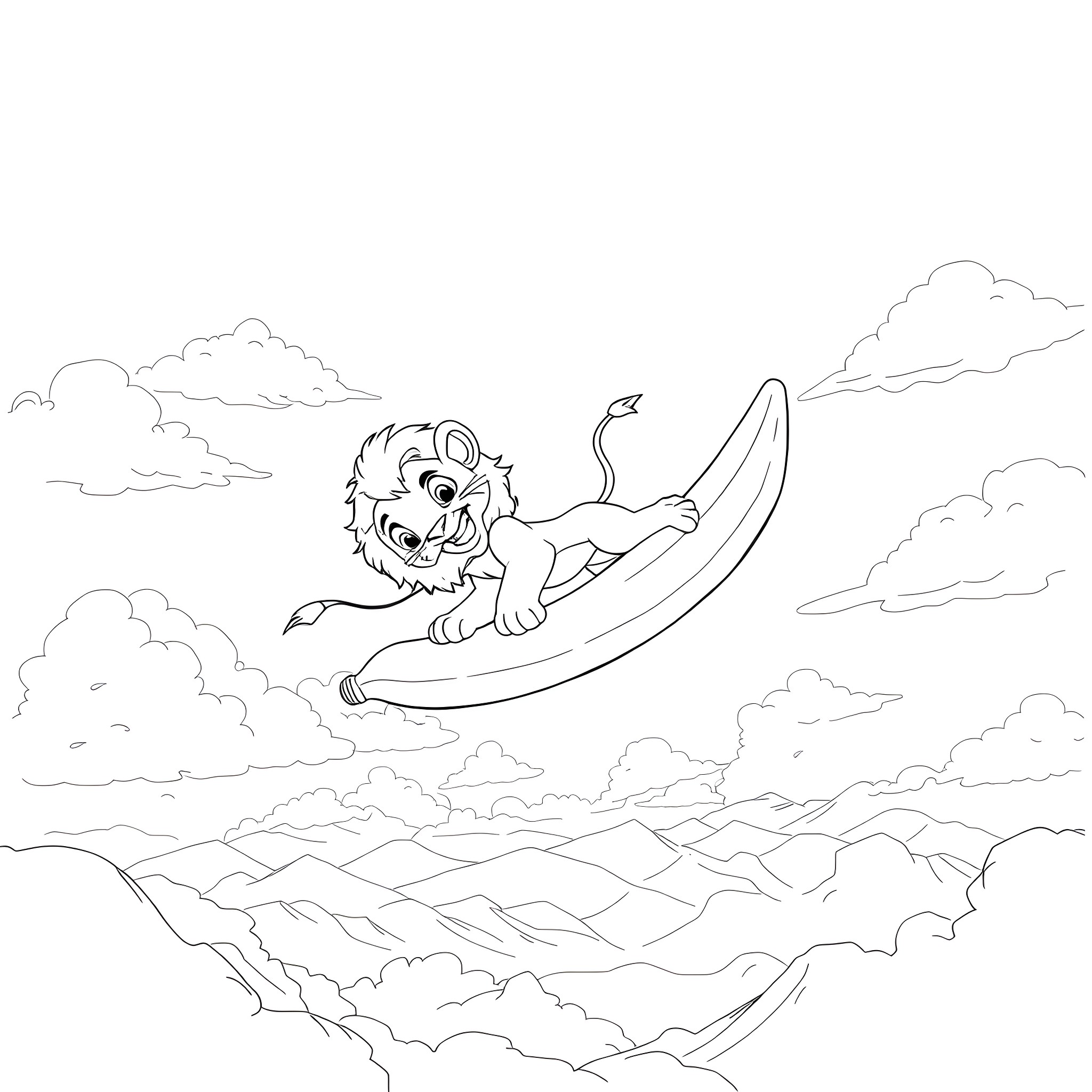 Simba soaring playfully through the clouds Coloring Page (free black-and-white line drawing printable PDF for all, from beginners to advanced learners, including children, teens, adults, and seniors)