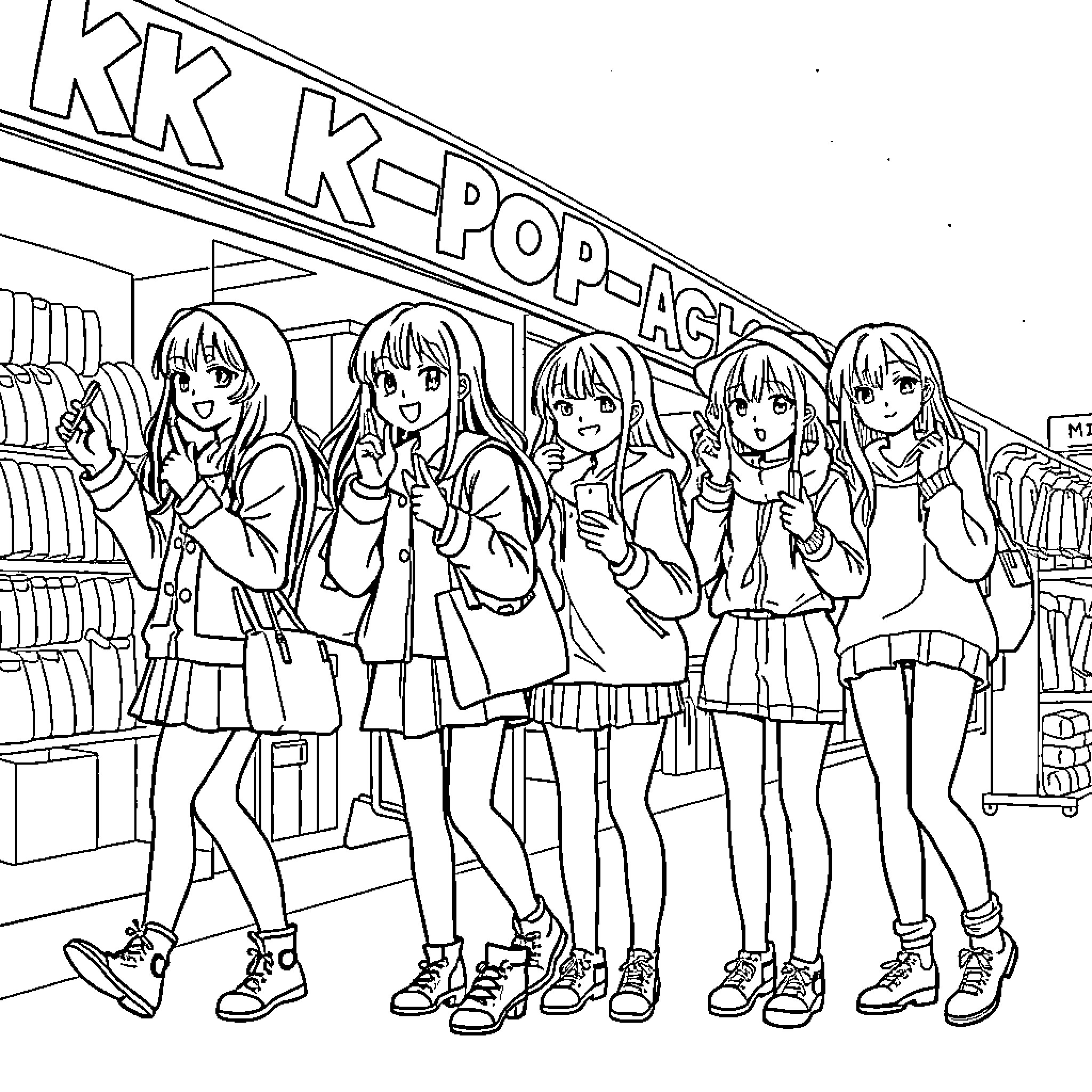 K-pop Hunter: Stylish K-pop Fan Girls at the Store Coloring Page (free black-and-white line drawing printable PDF for all, from beginners to advanced learners, including children, teens, adults, and seniors)