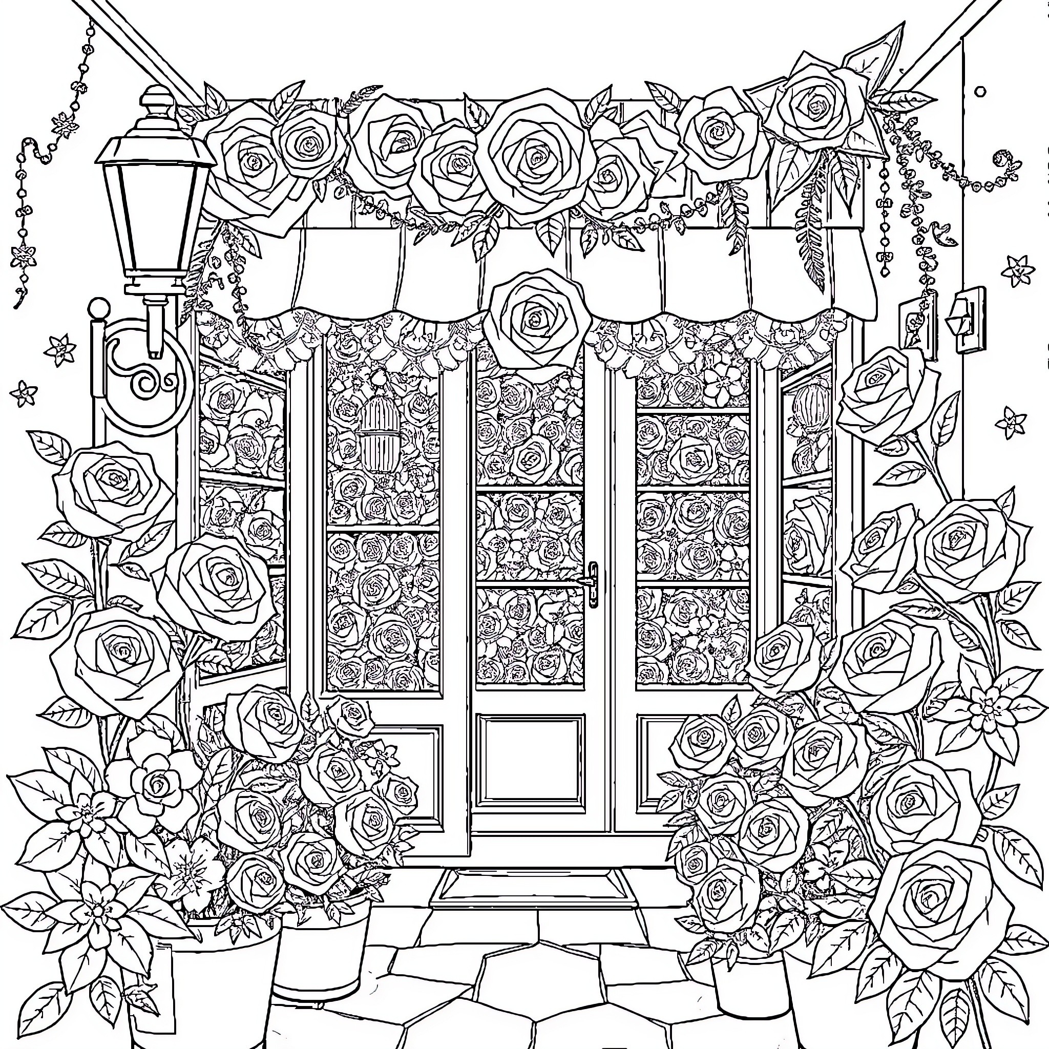 Roses adorning a charming doorway Coloring Page (free black-and-white line drawing printable PDF for all, from beginners to advanced learners, including children, teens, adults, and seniors)