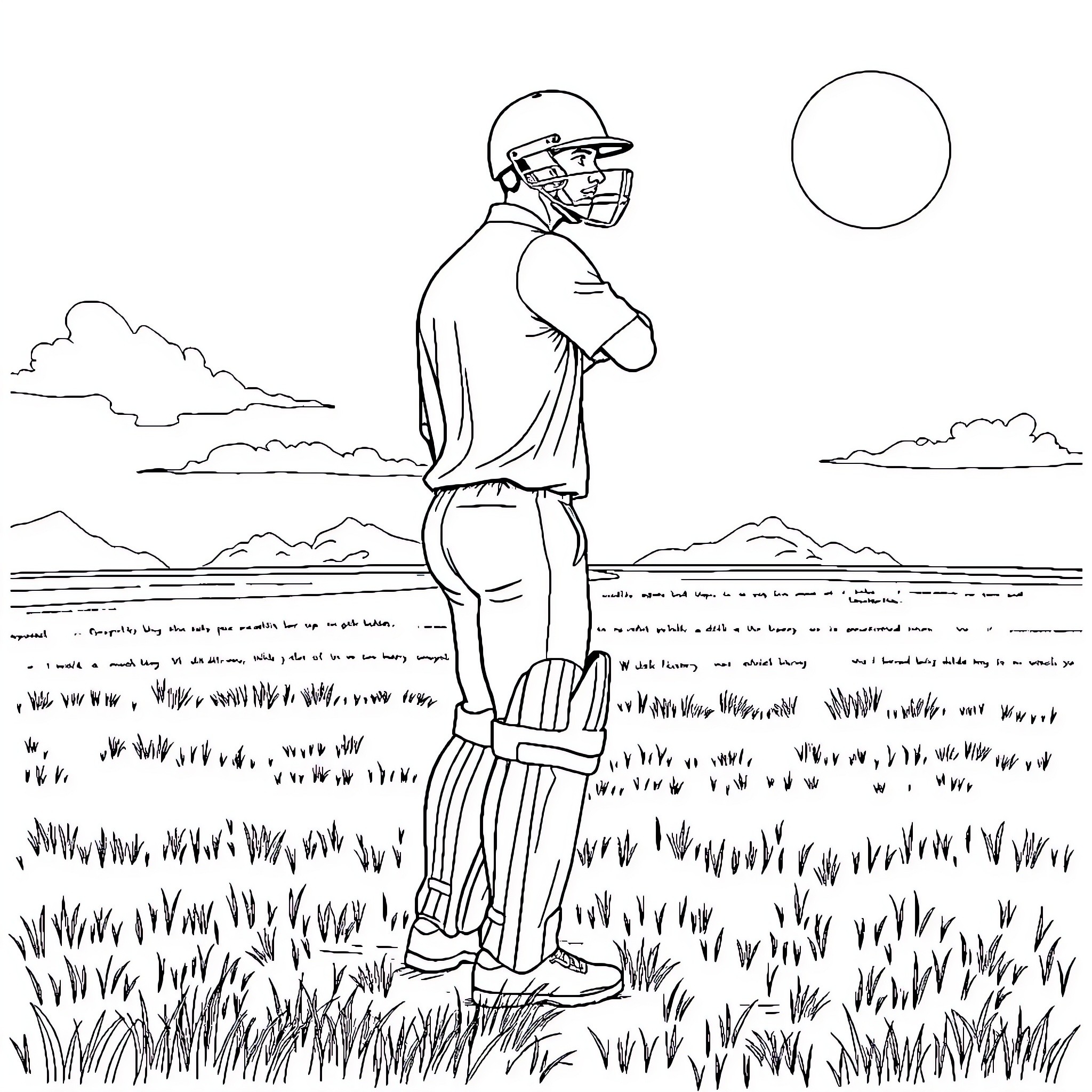 Cricket Player Preparing to Bat in the Outfield Coloring Page (free black-and-white line drawing printable PDF for all, from beginners to advanced learners, including children, teens, adults, and seniors)
