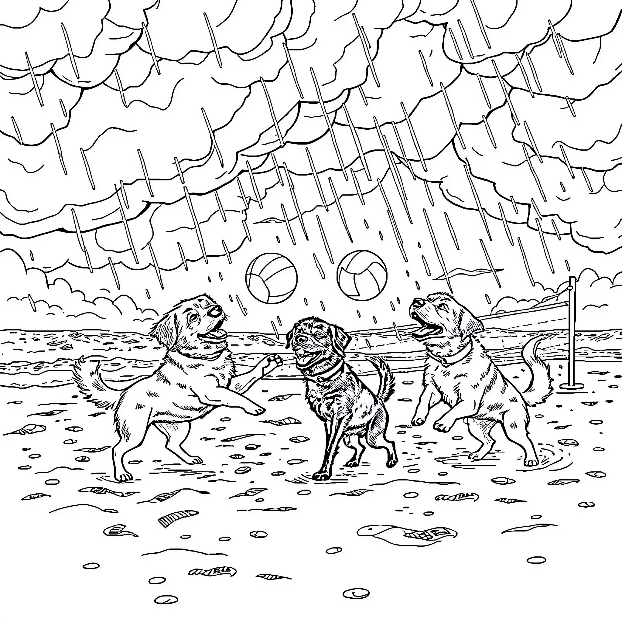 Dogs playing fetch during stormy weather Coloring Page (free black-and-white line drawing printable PDF for all, from beginners to advanced learners, including children, teens, adults, and seniors)