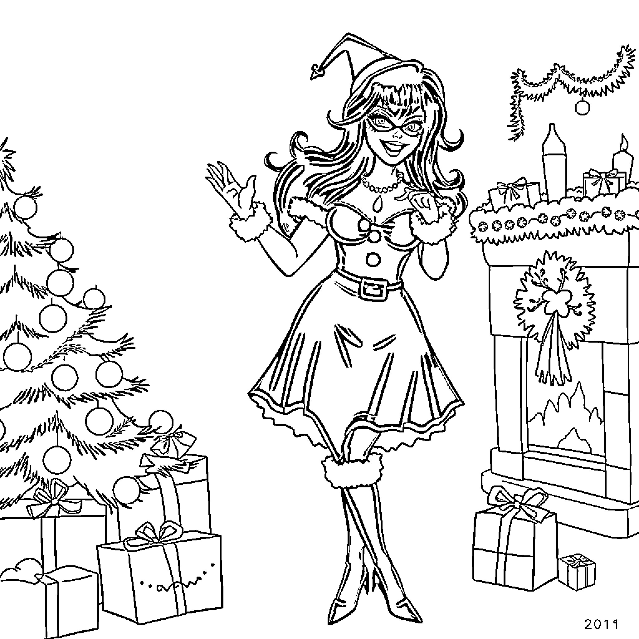 Elvira's Festive Holiday Celebration Coloring Page (free black-and-white line drawing printable PDF for all, from beginners to advanced learners, including children, teens, adults, and seniors)