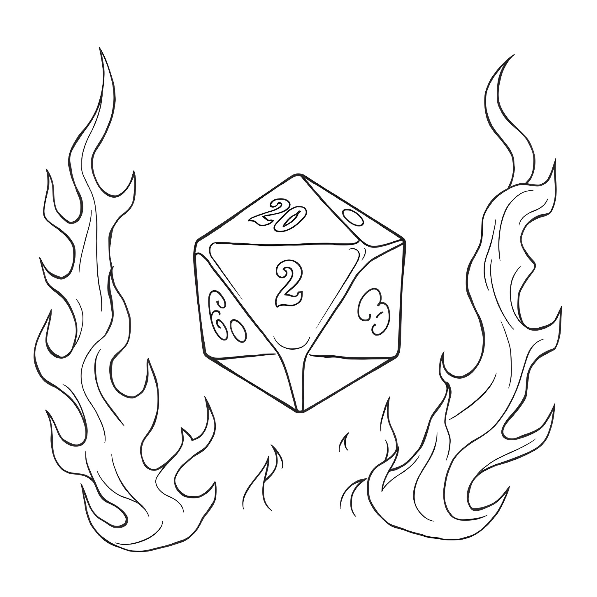 d20 dice with flames Coloring Page (free black-and-white line drawing printable PDF for all, from beginners to advanced learners, including children, teens, adults, and seniors)