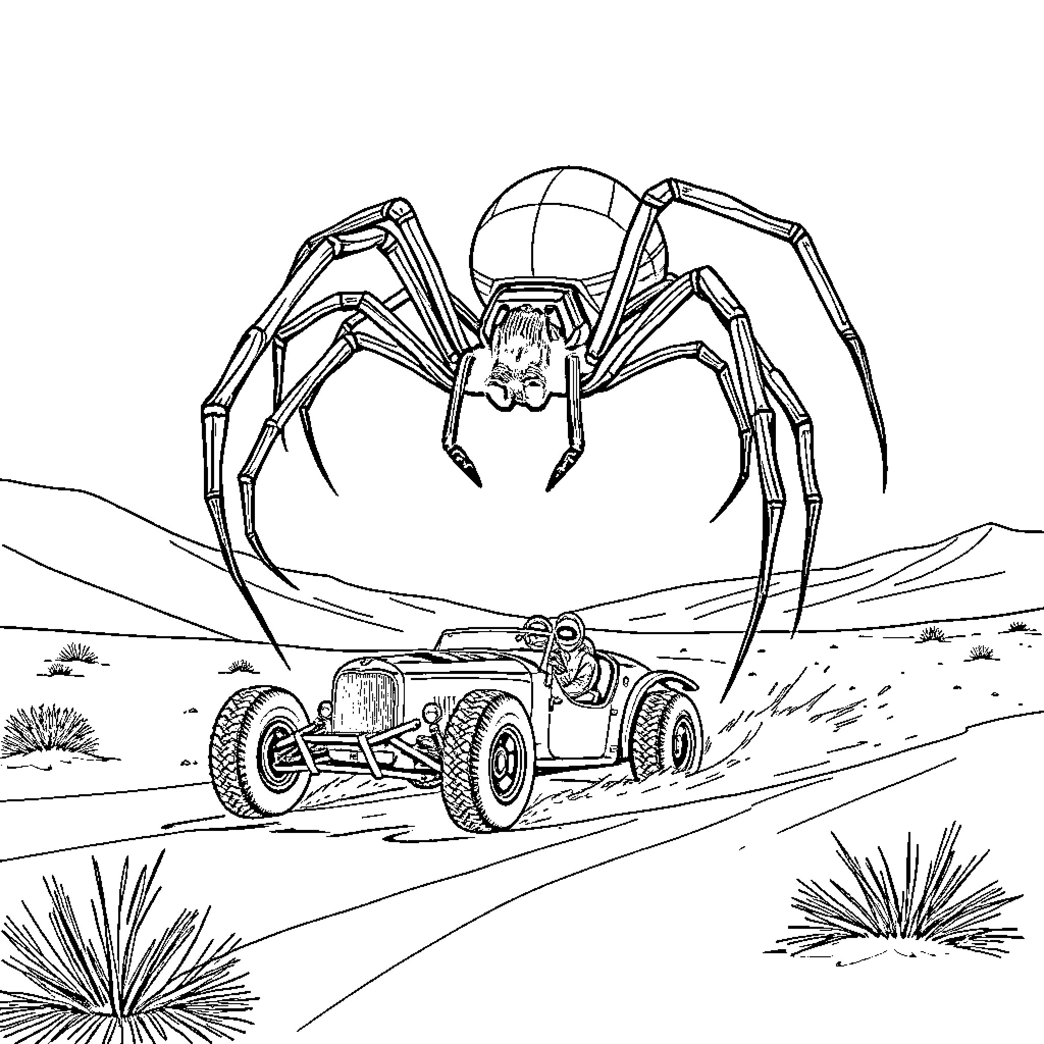 Spider-shaped vehicle exploring the desert Coloring Page (free black-and-white line drawing printable PDF for all, from beginners to advanced learners, including children, teens, adults, and seniors)