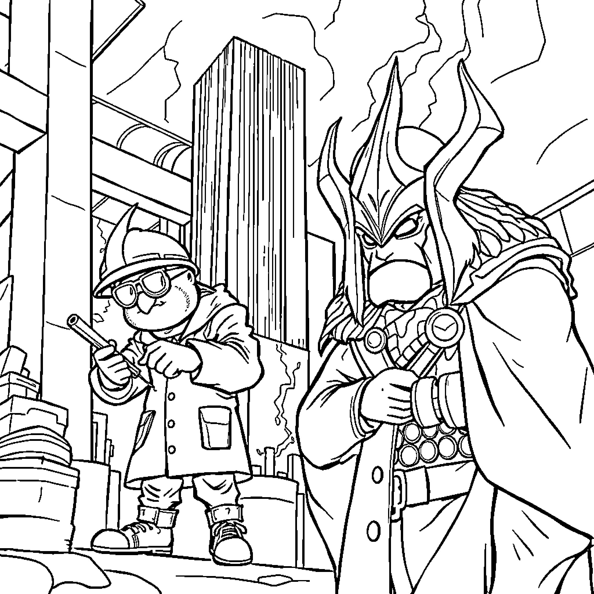 Albañil Confronting Mighty Mythical Creature in Urban Landscape Coloring Page (free black-and-white line drawing printable PDF for all, from beginners to advanced learners, including children, teens, adults, and seniors)