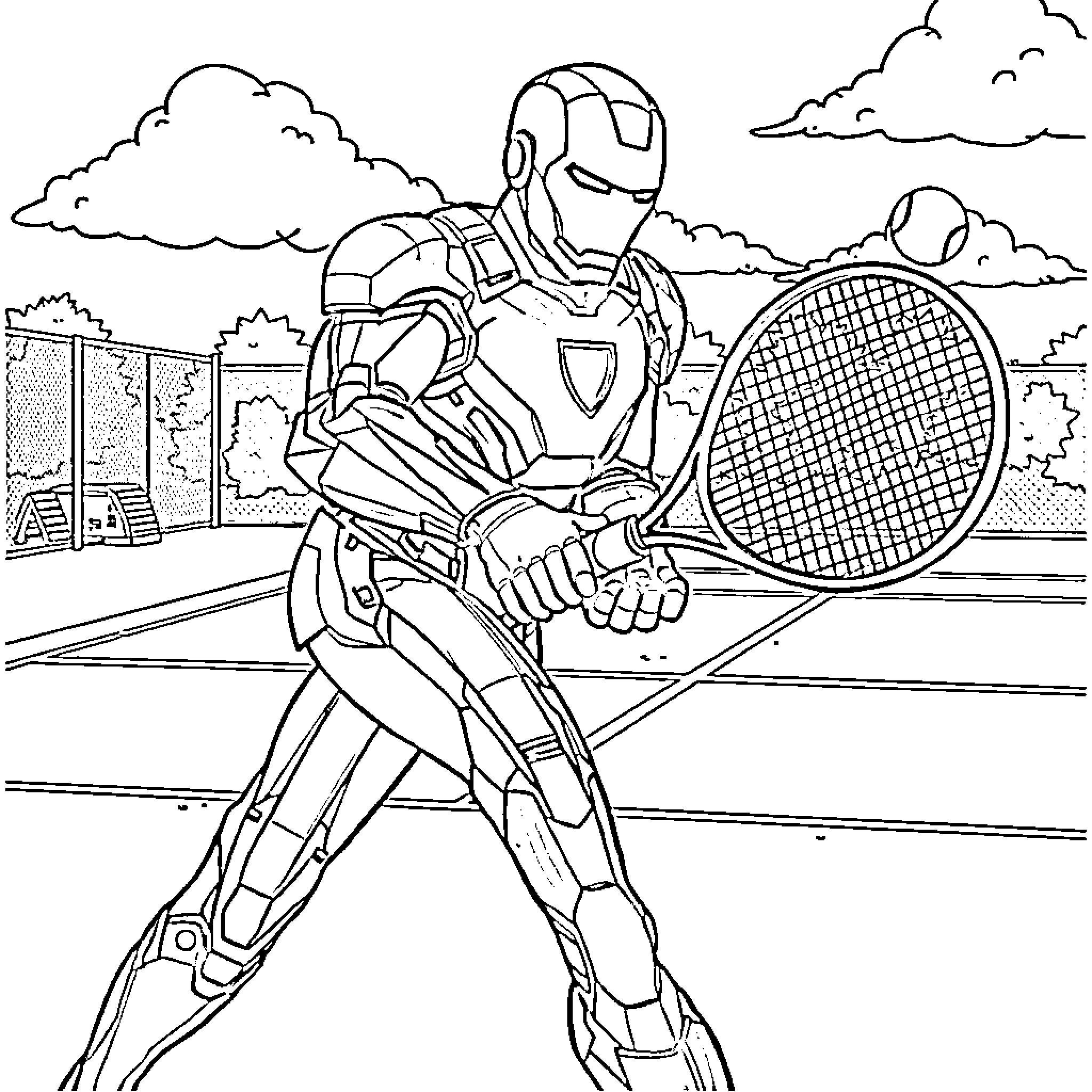 Ironman playing tennis on a court Coloring Page (free black-and-white line drawing printable PDF for all, from beginners to advanced learners, including children, teens, adults, and seniors)