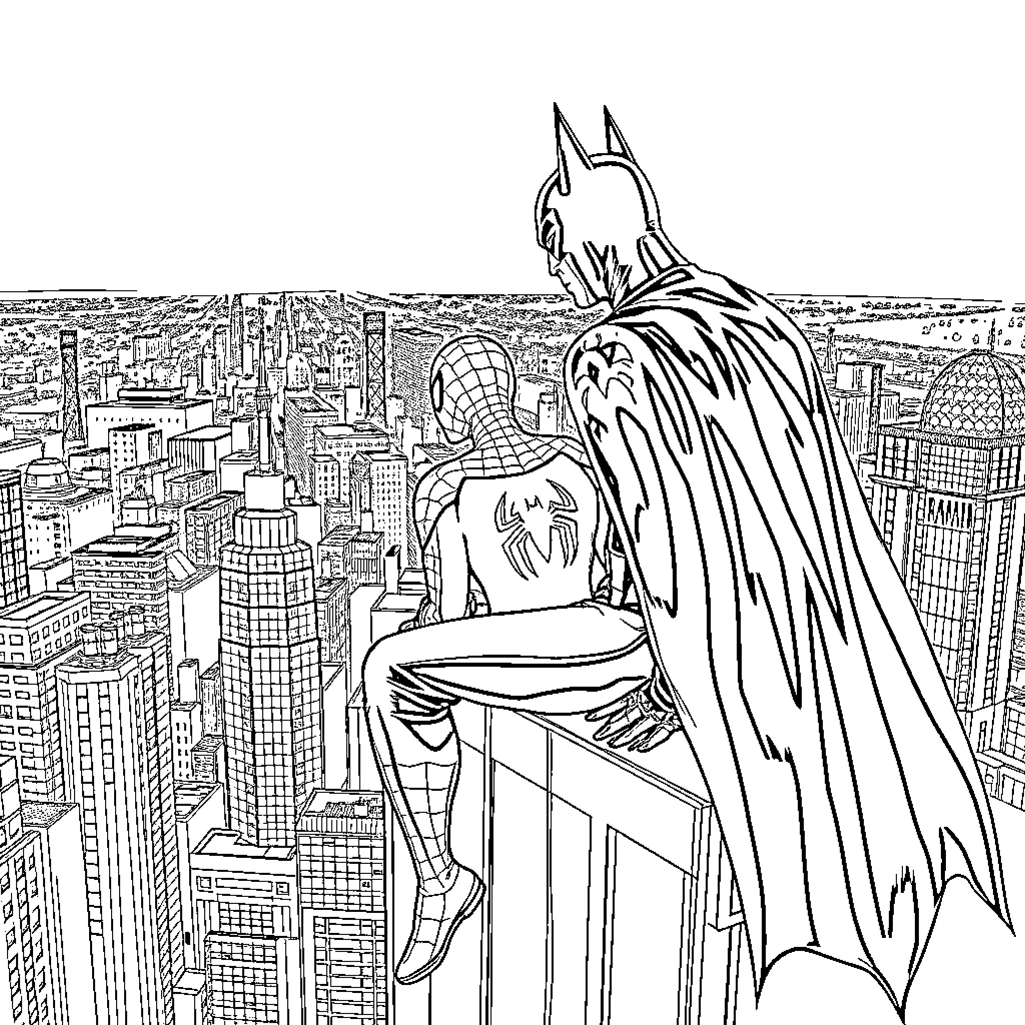 Spider-Man and Batman overlooking the city skyline Coloring Page (free black-and-white line drawing printable PDF for all, from beginners to advanced learners, including children, teens, adults, and seniors)