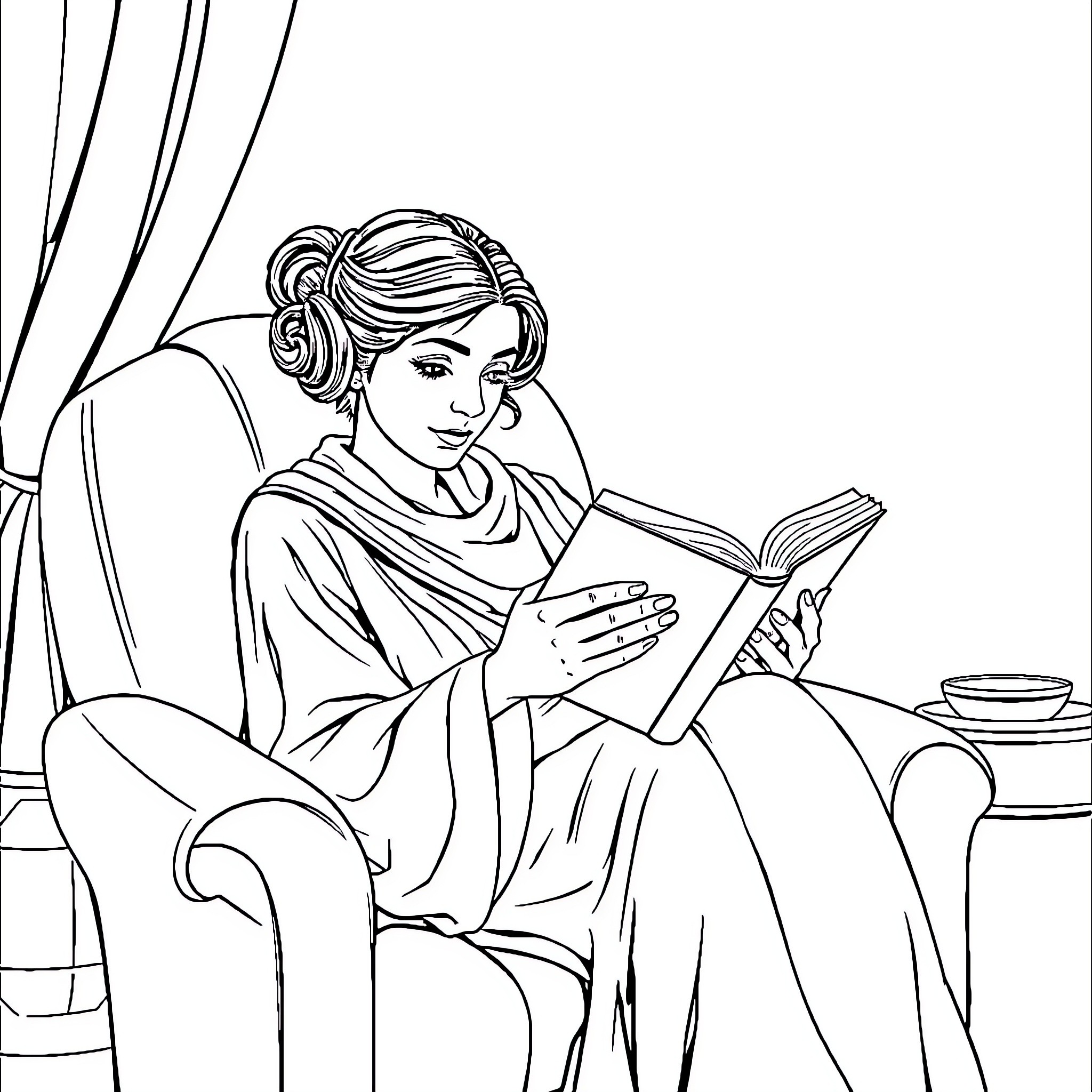 Princess Leia reading a book intently Coloring Page (free black-and-white line drawing printable PDF for all, from beginners to advanced learners, including children, teens, adults, and seniors)