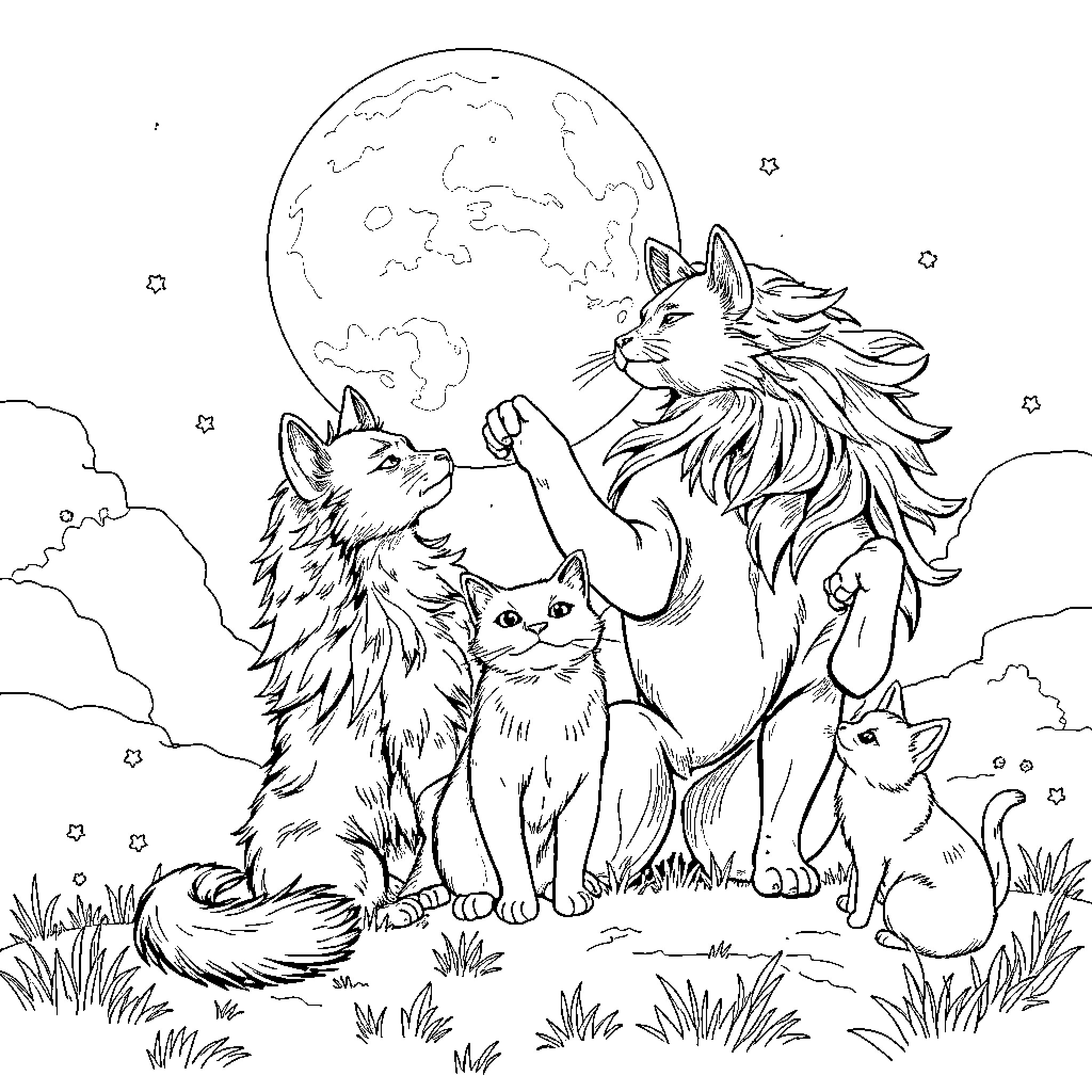 Dog and Cat Frolicking Under the Moonlight Coloring Page (free black-and-white line drawing printable PDF for all, from beginners to advanced learners, including children, teens, adults, and seniors)