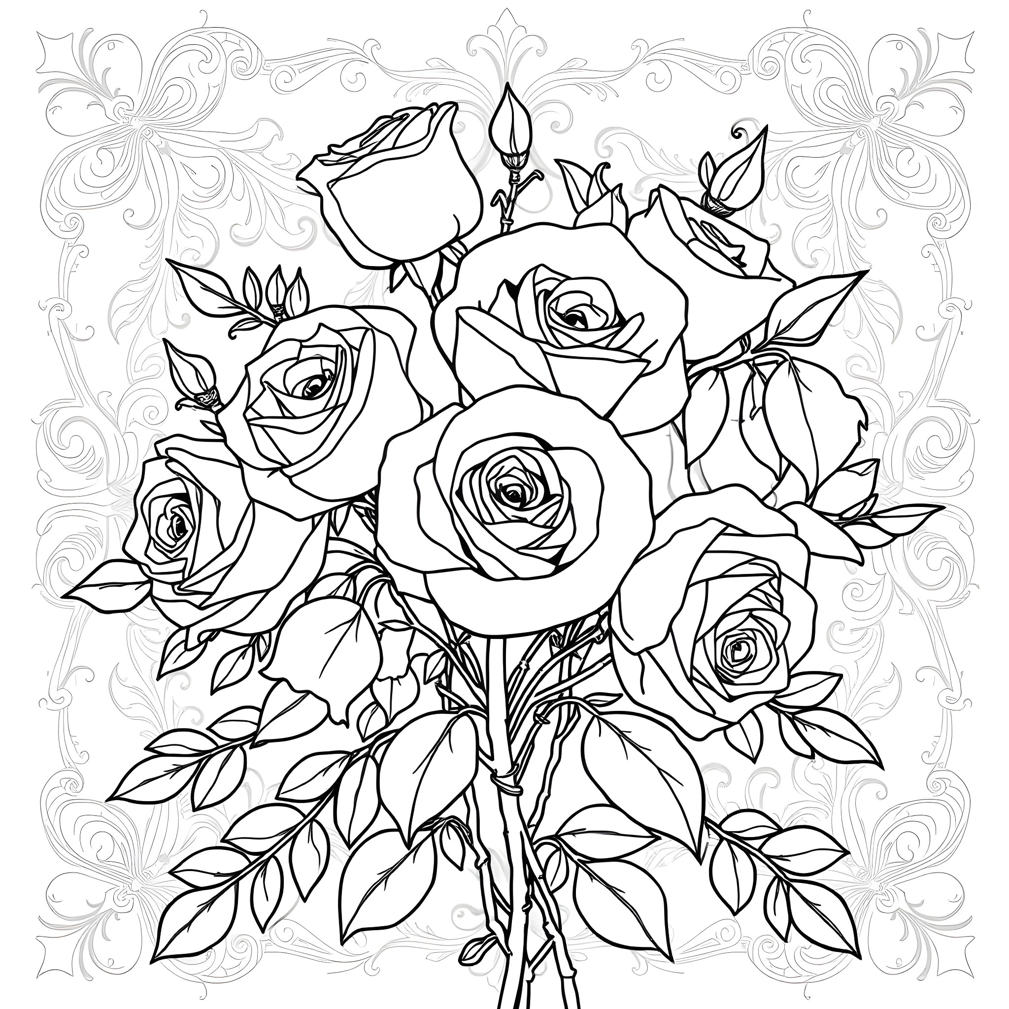 Rose bouquet with ornate floral frame Coloring Page (free black-and-white line drawing printable PDF for all, from beginners to advanced learners, including children, teens, adults, and seniors)