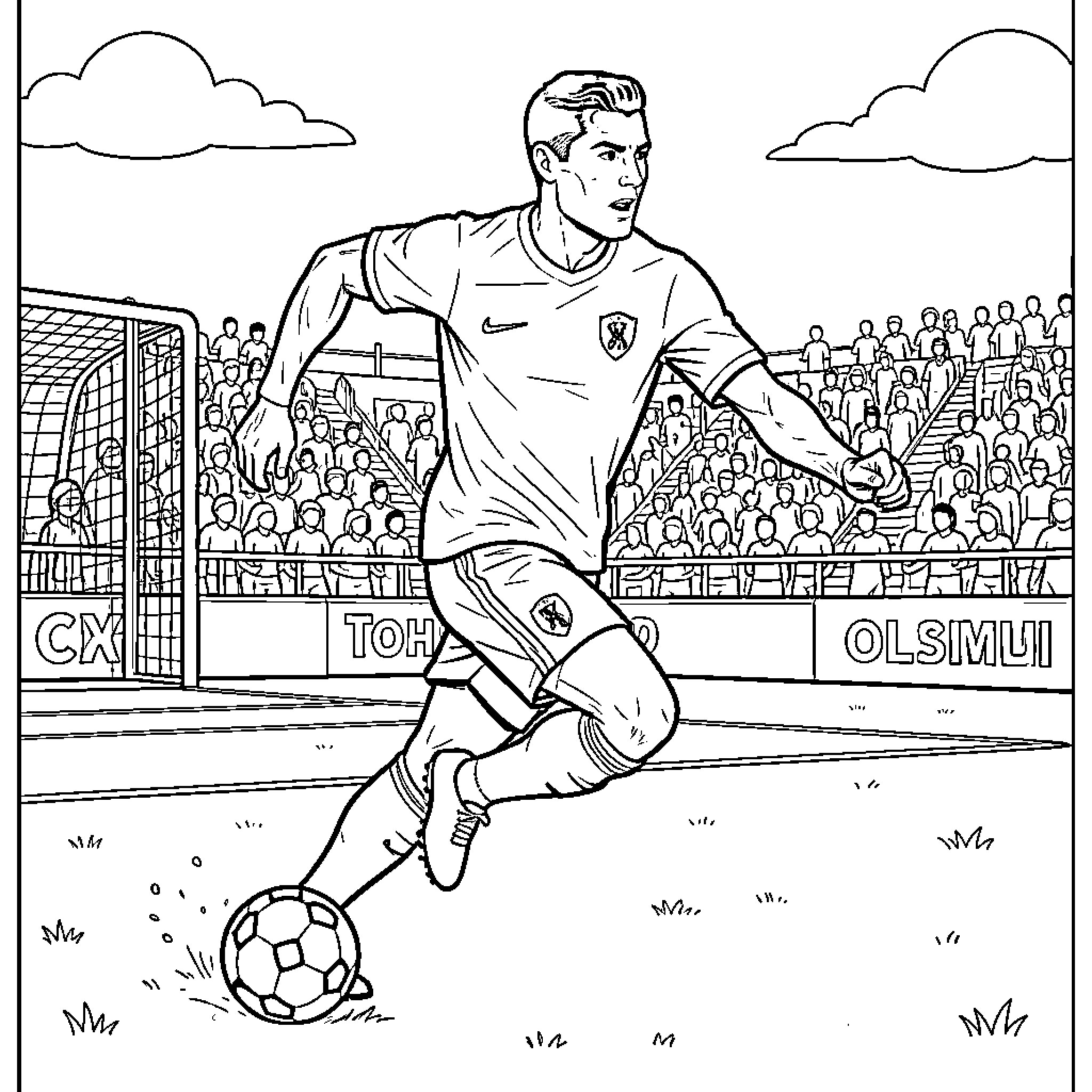 Ronaldo dribbling a soccer ball during a match Coloring Page (free black-and-white line drawing printable PDF for all, from beginners to advanced learners, including children, teens, adults, and seniors)