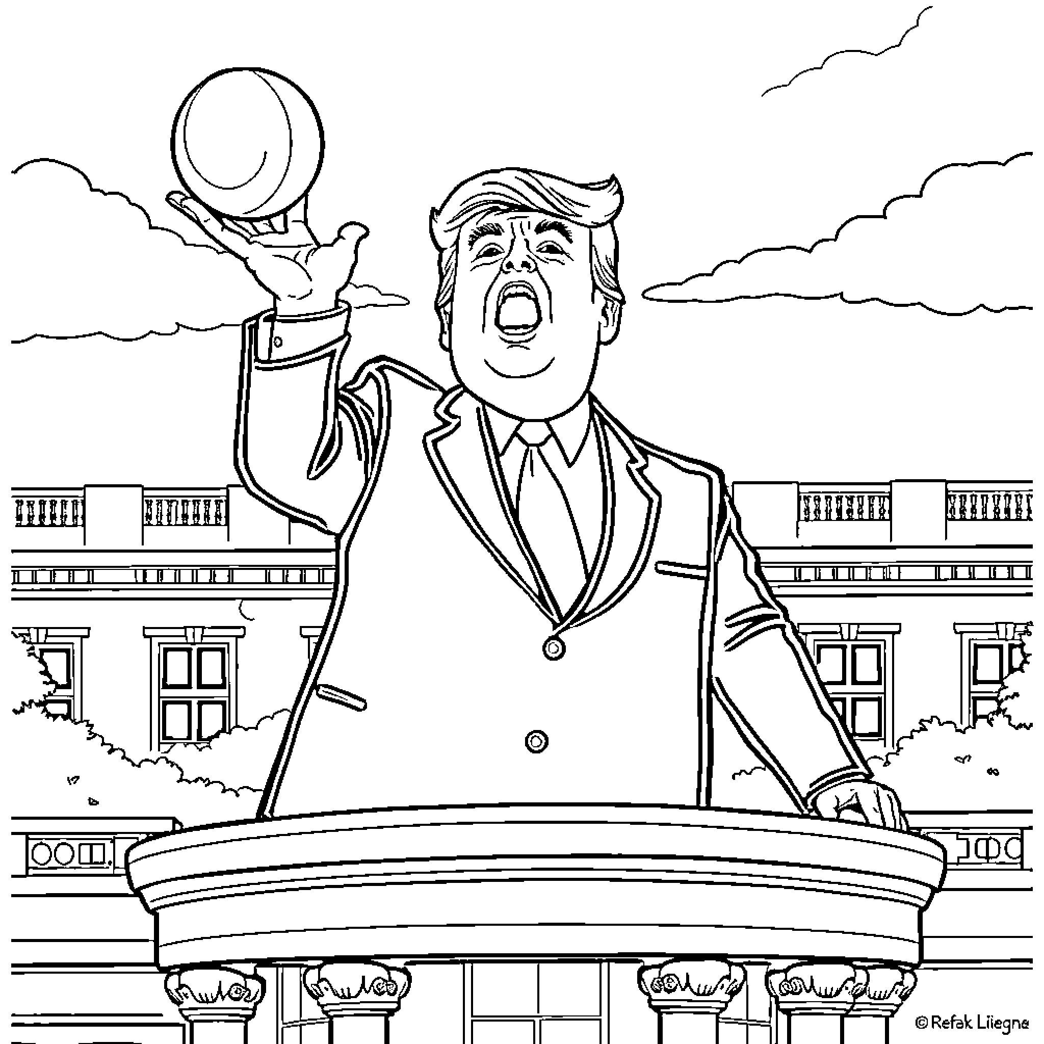 Trump Gesticulating Dramatically on White House Balcony Coloring Page (free black-and-white line drawing printable PDF for all, from beginners to advanced learners, including children, teens, adults, and seniors)