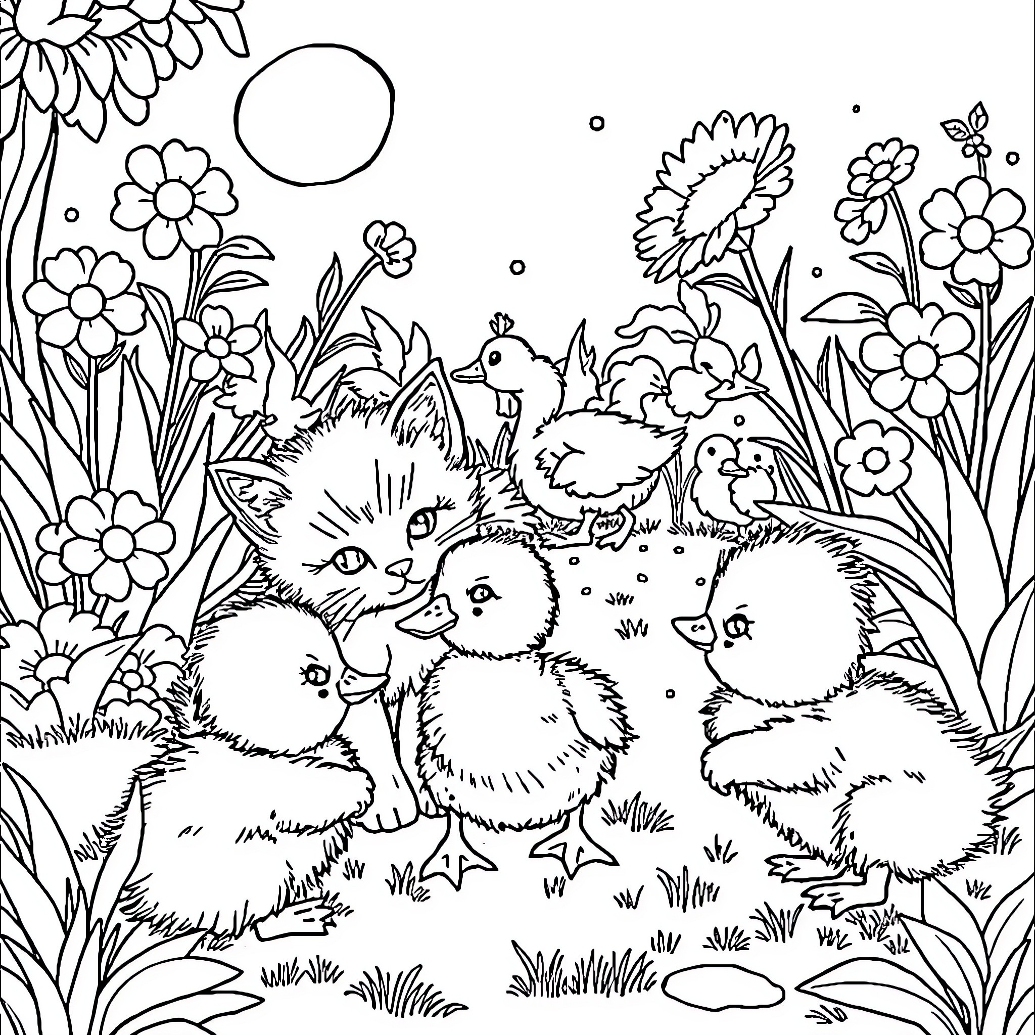Kitten and chicks in a flower garden Coloring Page (free black-and-white line drawing printable PDF for all, from beginners to advanced learners, including children, teens, adults, and seniors)