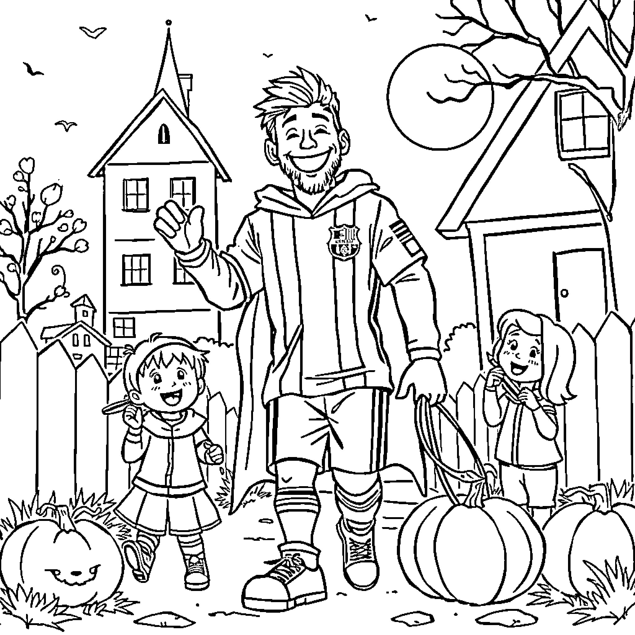 Messi with children playing in a spooky fall scene Coloring Page (free black-and-white line drawing printable PDF for all, from beginners to advanced learners, including children, teens, adults, and seniors)