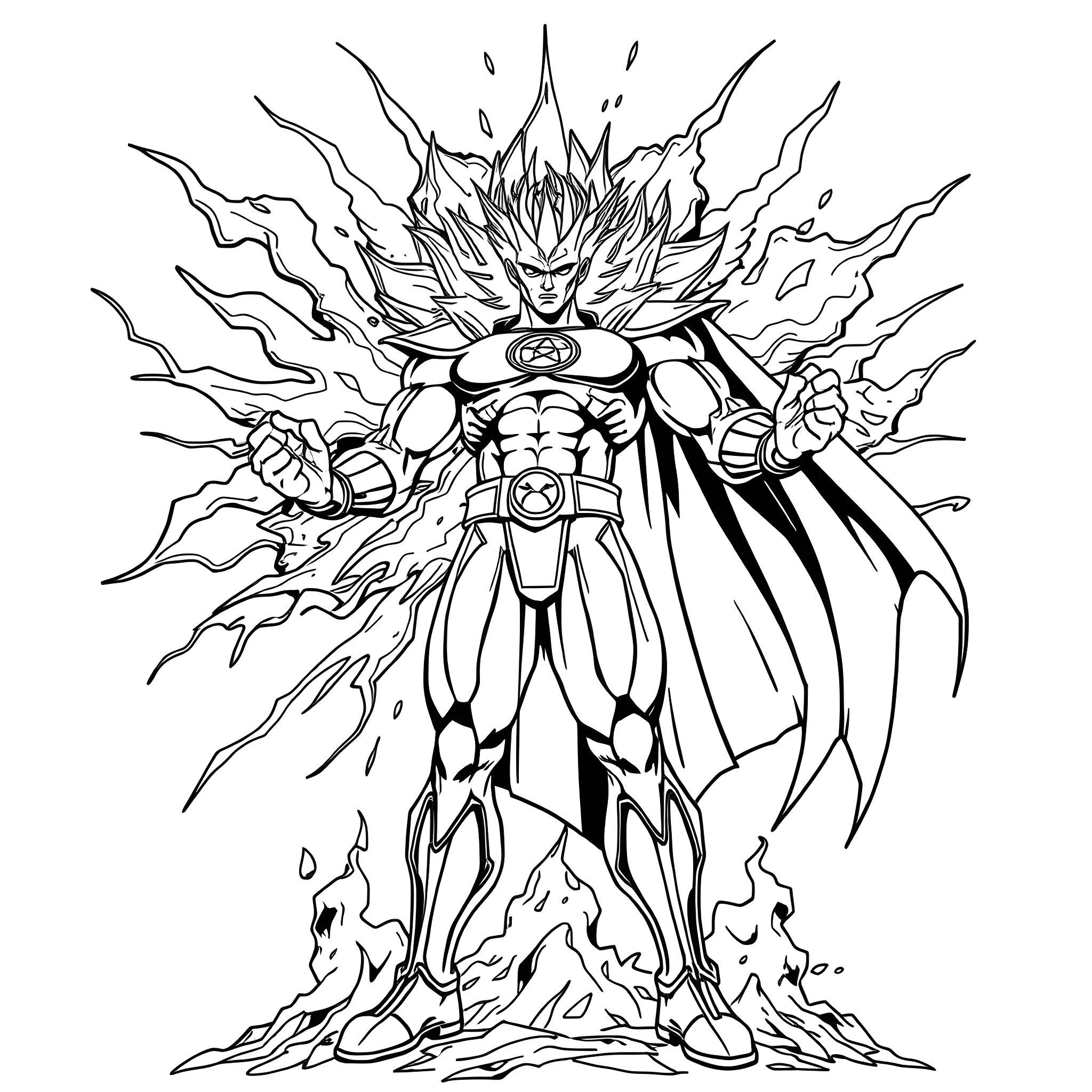 Nuclear Man Unleashing Powerful Energy Blast Coloring Page (free black-and-white line drawing printable PDF for all, from beginners to advanced learners, including children, teens, adults, and seniors)