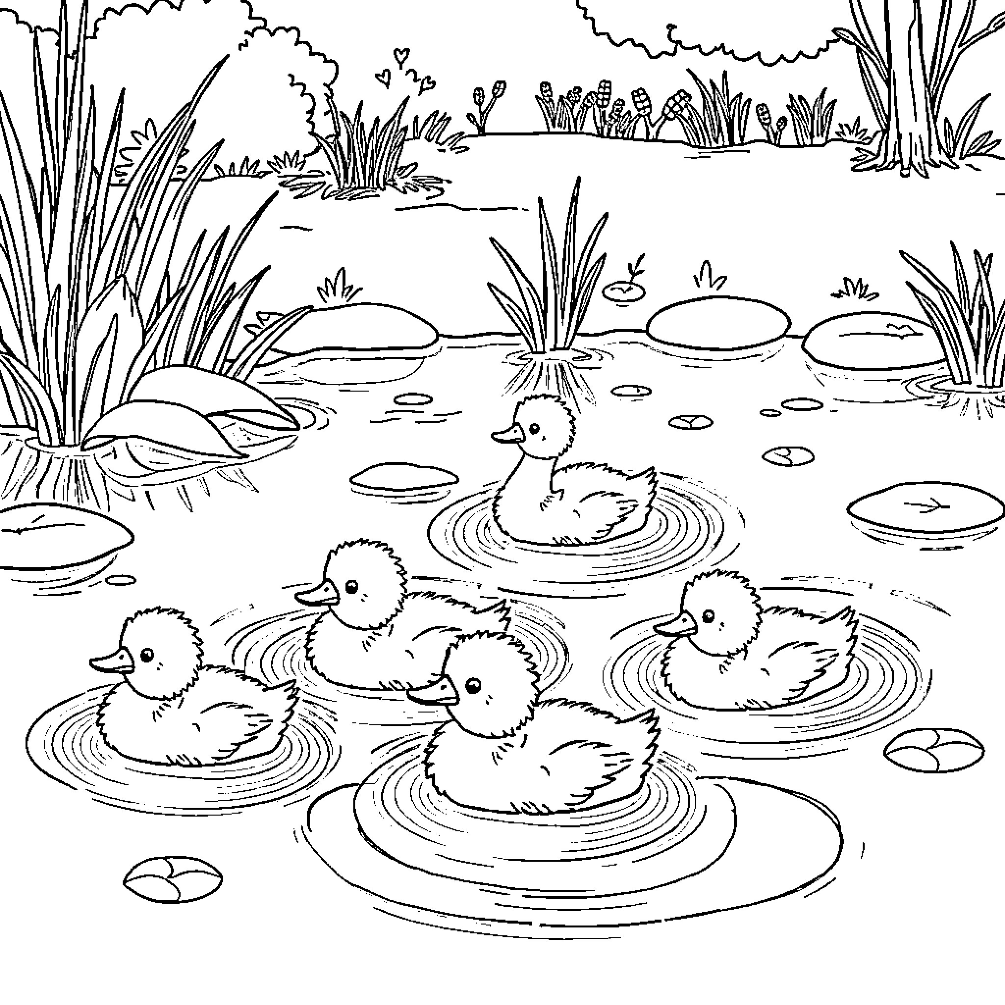 Duck ducklings swimming in the pond Coloring Page (free black-and-white line drawing printable PDF for all, from beginners to advanced learners, including children, teens, adults, and seniors)