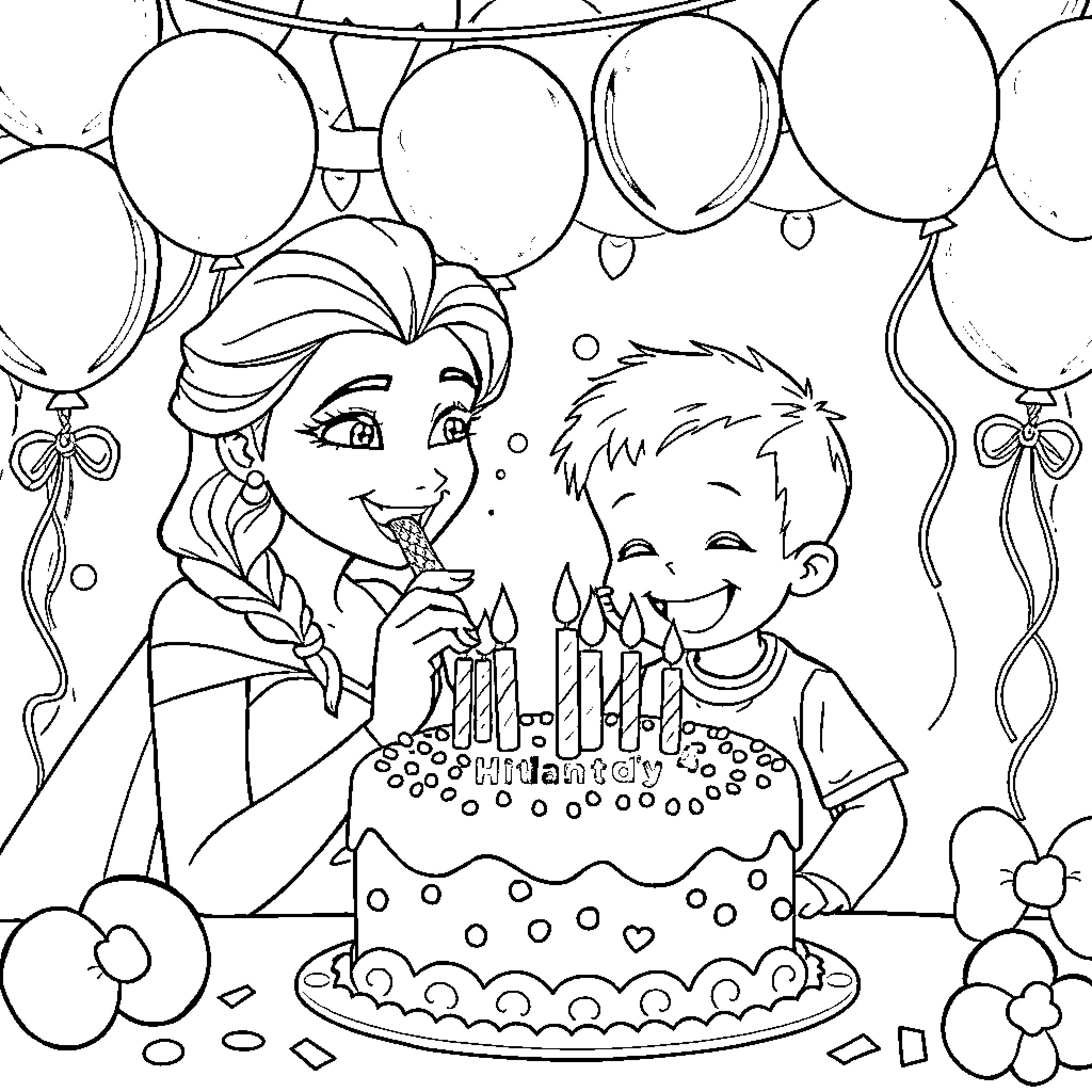 Elsa celebrates a birthday party with a child Coloring Page (free black-and-white line drawing printable PDF for all, from beginners to advanced learners, including children, teens, adults, and seniors)