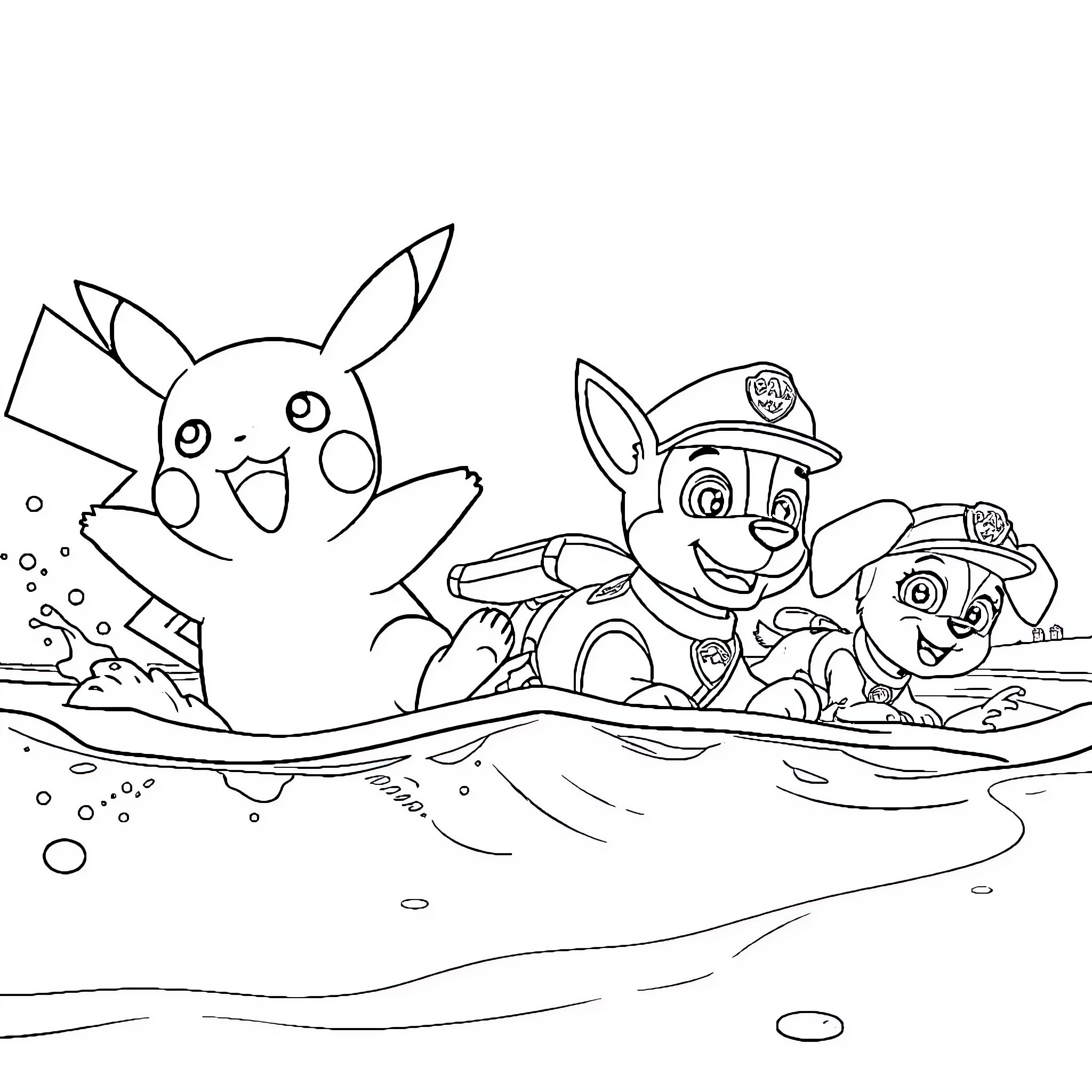 Pikachu swimming with Paw Patrol rescue pups Coloring Page (free black-and-white line drawing printable PDF for all, from beginners to advanced learners, including children, teens, adults, and seniors)