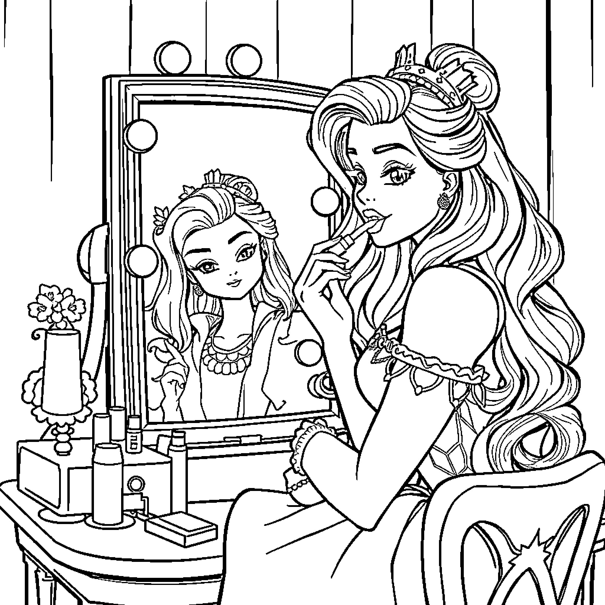 Belle Delphine Admiring Her Appearance in the Mirror Coloring Page (free black-and-white line drawing printable PDF for all, from beginners to advanced learners, including children, teens, adults, and seniors)