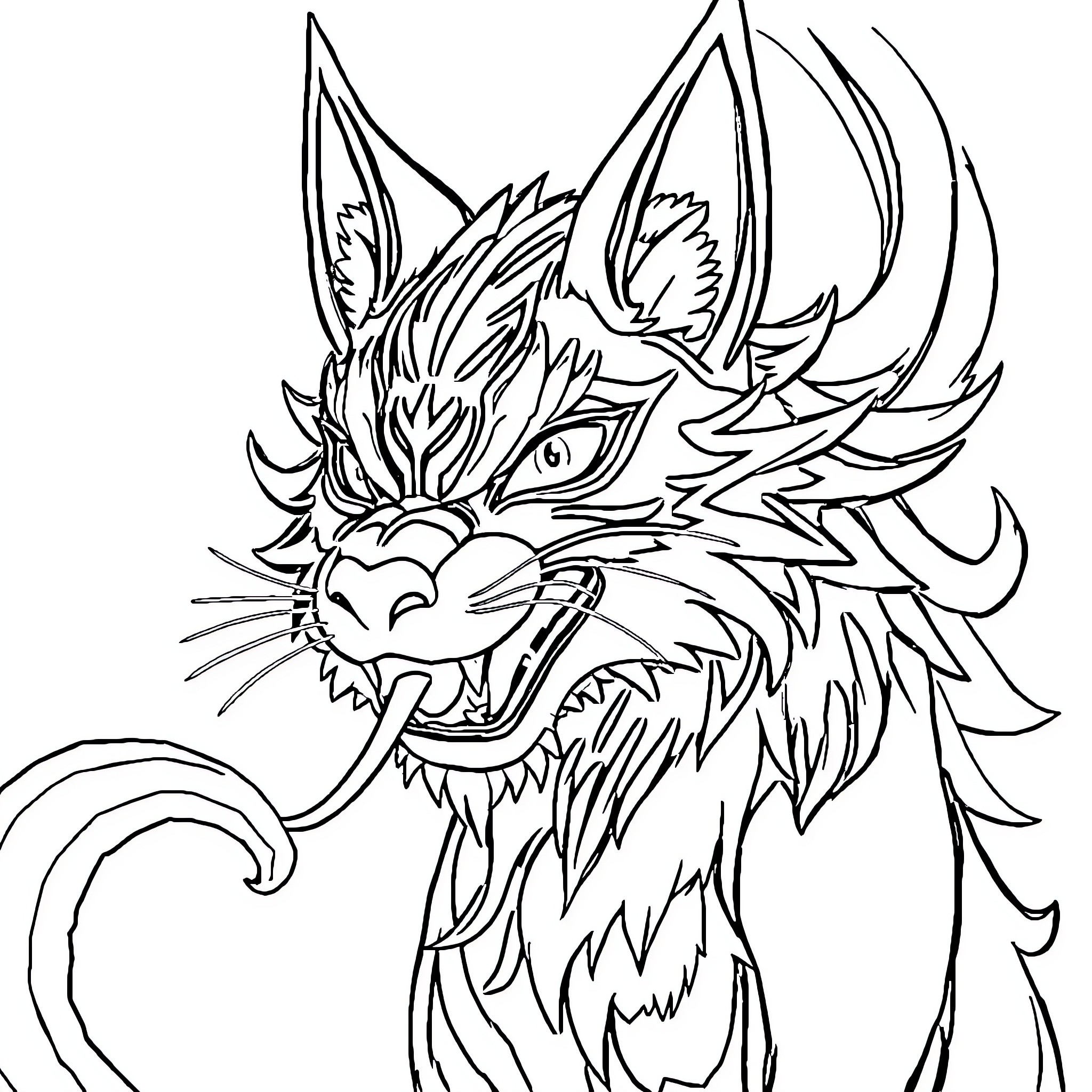 Kitsune spirit with fierce expression Coloring Page (free black-and-white line drawing printable PDF for all, from beginners to advanced learners, including children, teens, adults, and seniors)