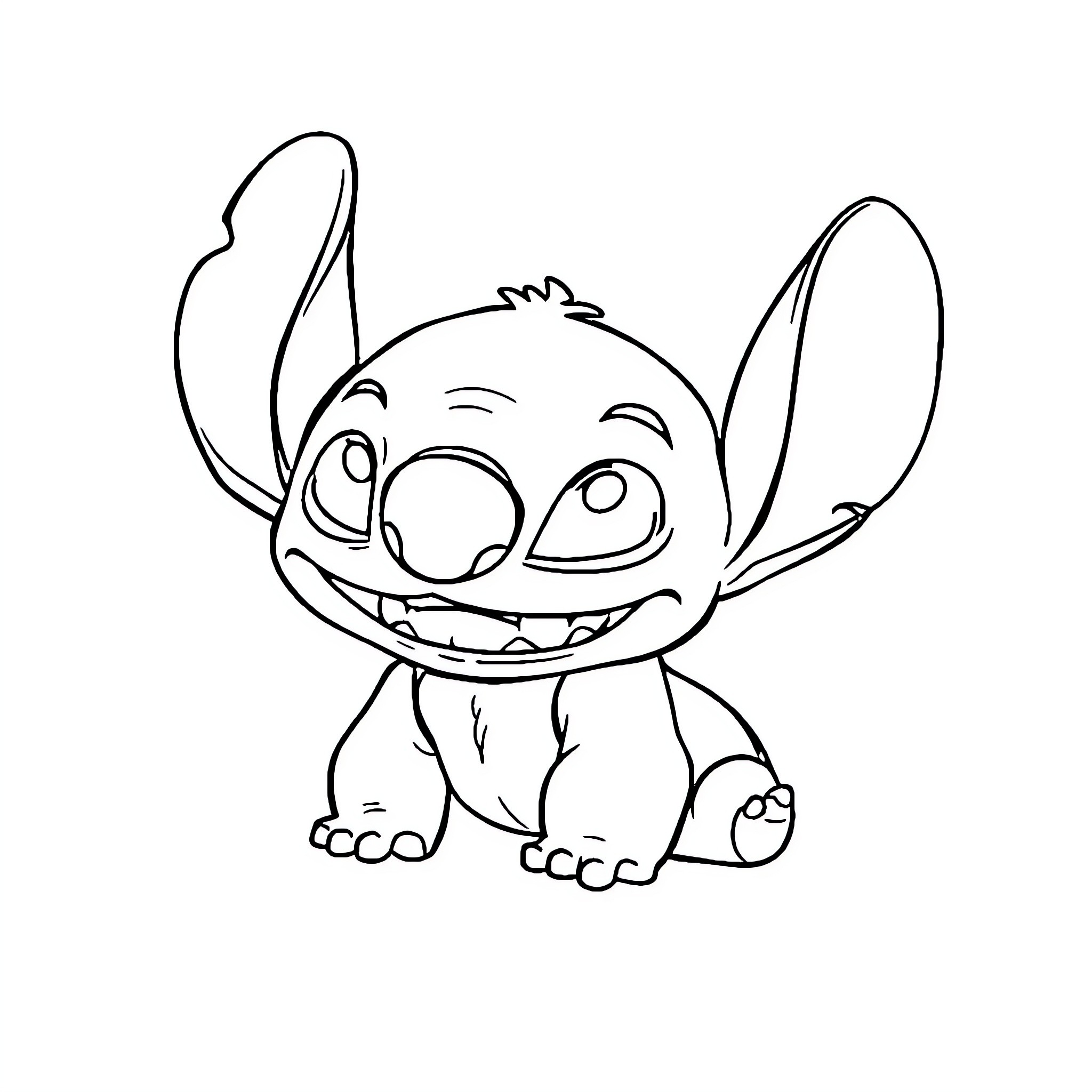 Stitch smiling and sitting in a playful pose Coloring Page (free black-and-white line drawing printable PDF for all, from beginners to advanced learners, including children, teens, adults, and seniors)