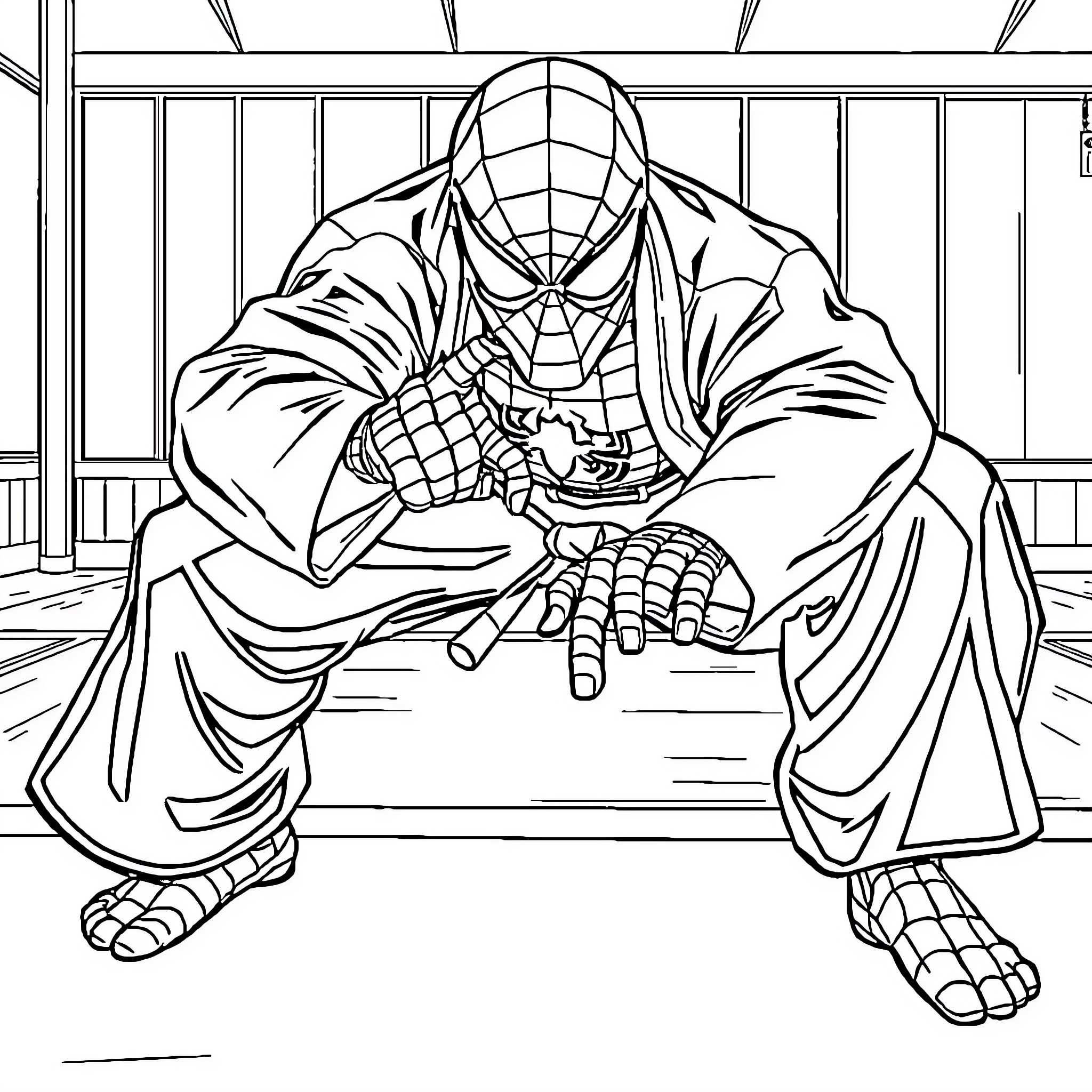 Spiderman crouching in a contemplative pose Coloring Page (free black-and-white line drawing printable PDF for all, from beginners to advanced learners, including children, teens, adults, and seniors)