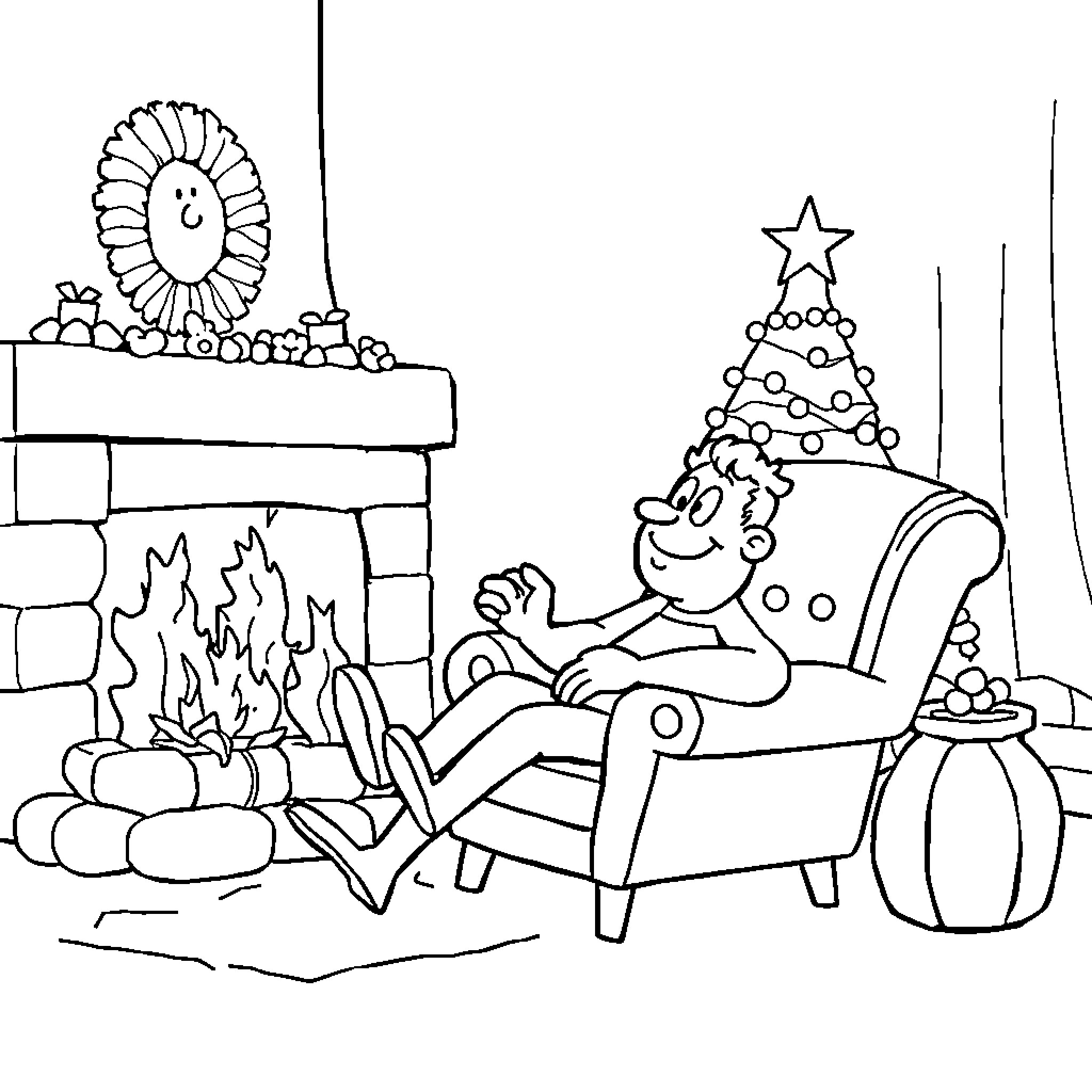 Jack Relaxing by Cozy Fireplace on Christmas Eve Coloring Page (free black-and-white line drawing printable PDF for all, from beginners to advanced learners, including children, teens, adults, and seniors)