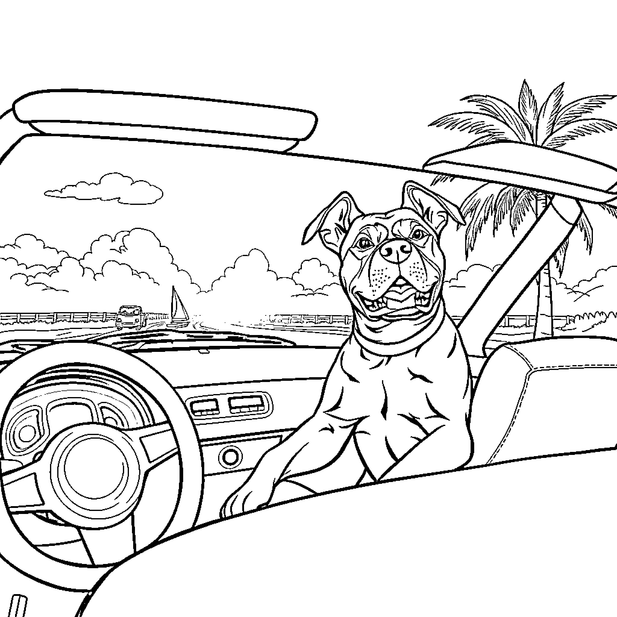 Pitbull riding in a convertible on a tropical beach Coloring Page (free black-and-white line drawing printable PDF for all, from beginners to advanced learners, including children, teens, adults, and seniors)