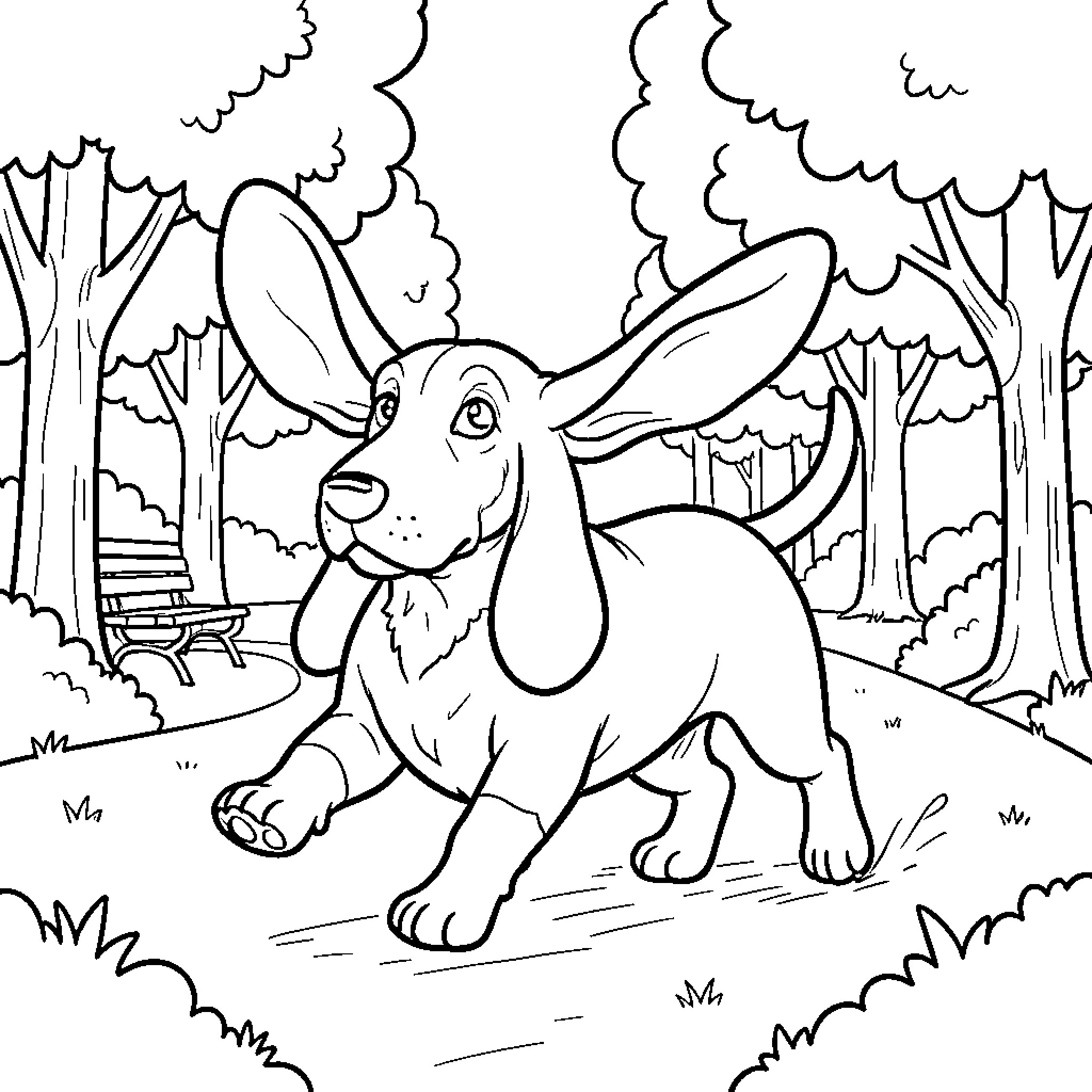 Basset Hound running happily through a park Coloring Page (free black-and-white line drawing printable PDF for all, from beginners to advanced learners, including children, teens, adults, and seniors)