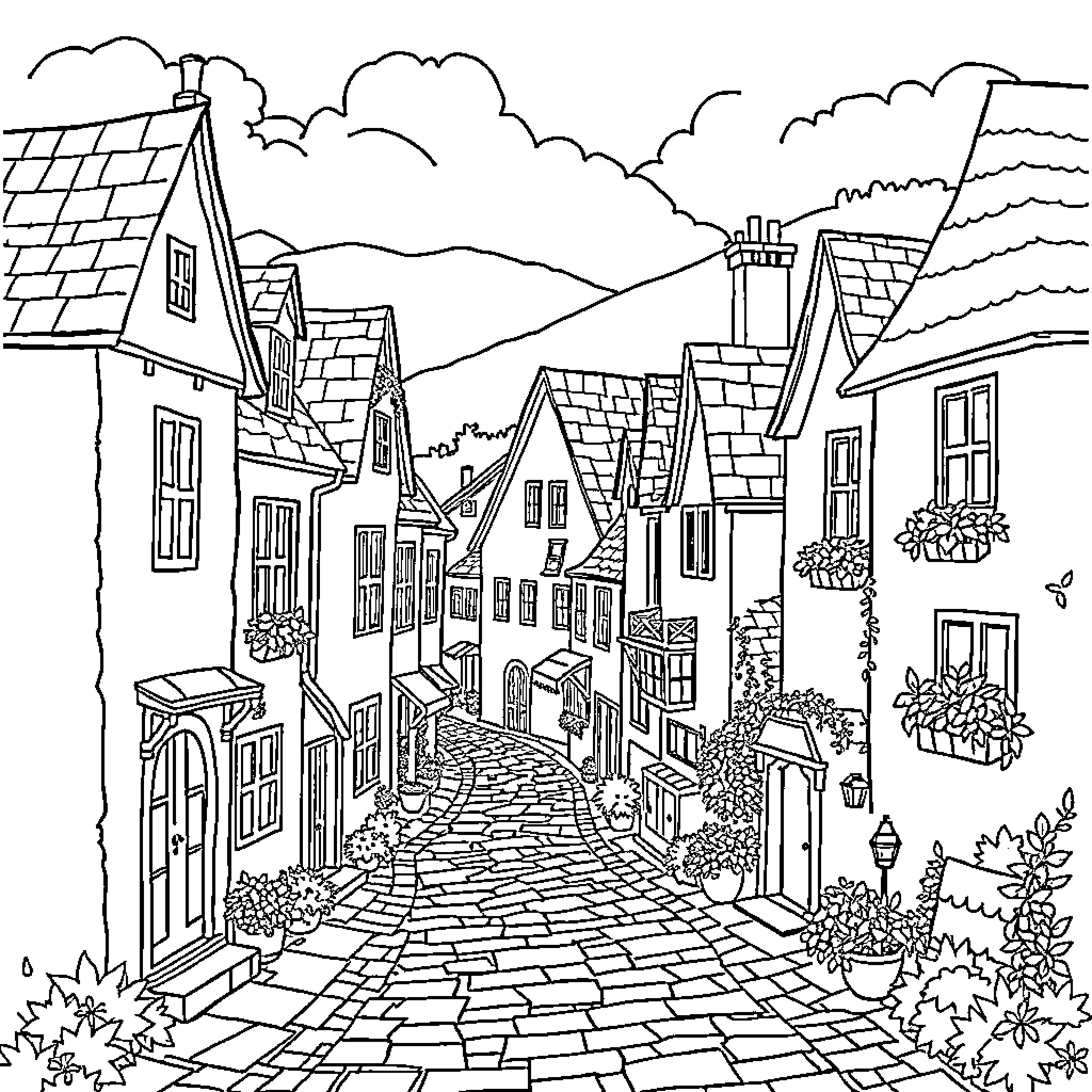 Village Scene with Quaint Houses and Cobblestone Street Coloring Page (free black-and-white line drawing printable PDF for all, from beginners to advanced learners, including children, teens, adults, and seniors)