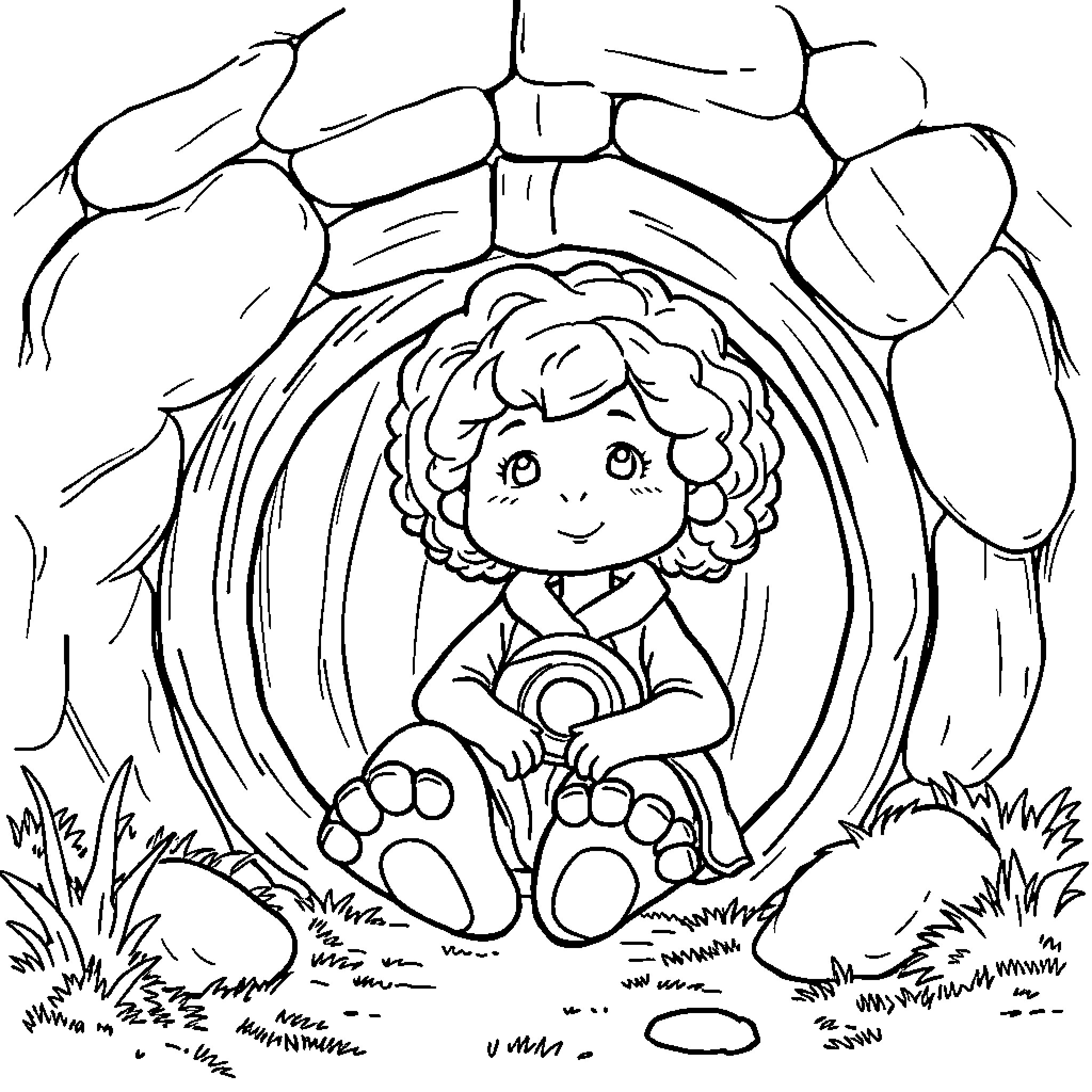 Hobbit girl exploring the rocky terrain Coloring Page (free black-and-white line drawing printable PDF for all, from beginners to advanced learners, including children, teens, adults, and seniors)