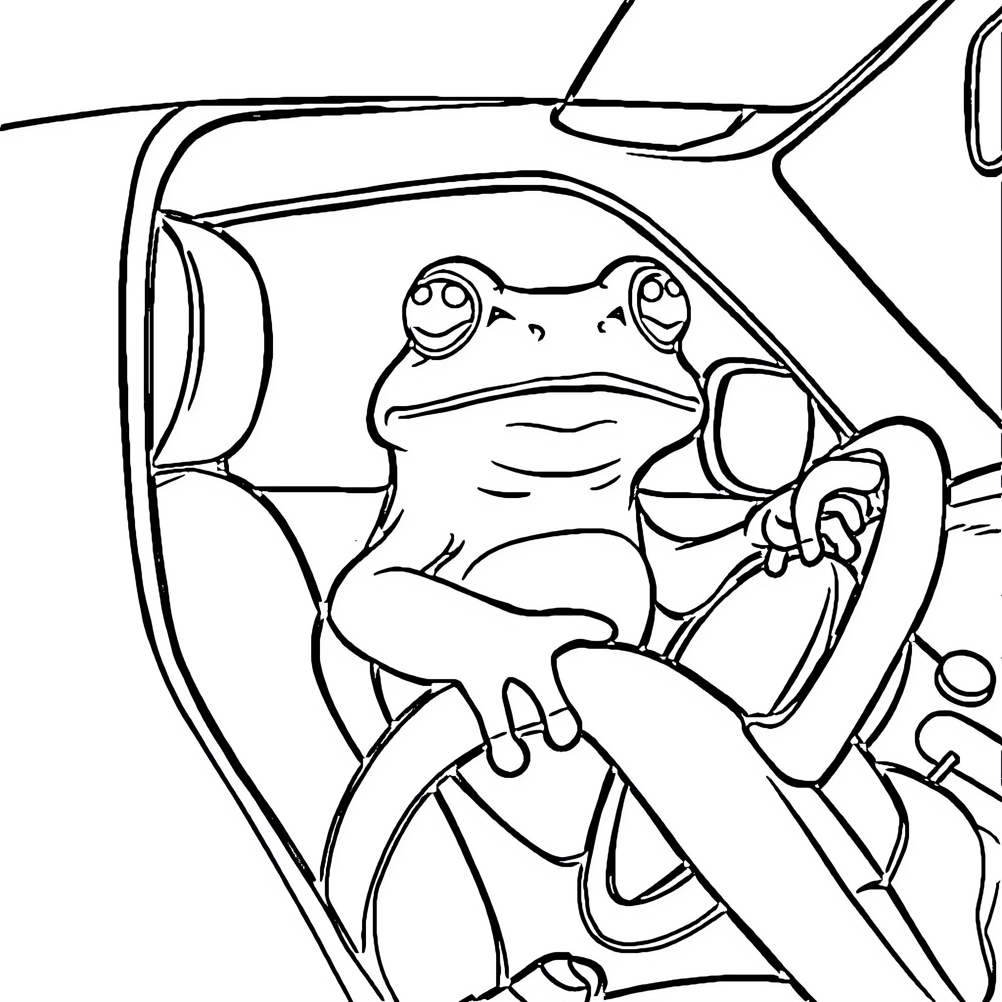 Frog enjoying a ride in a vehicle Coloring Page (free black-and-white line drawing printable PDF for all, from beginners to advanced learners, including children, teens, adults, and seniors)