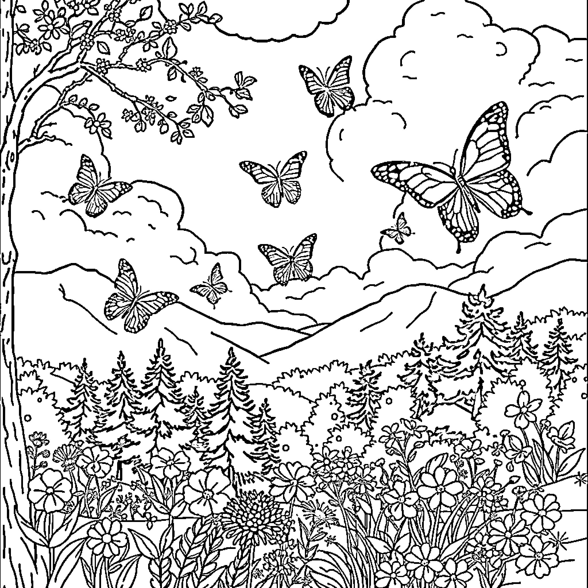 Butterfly Wonderland: Fluttering Beauties in Nature's Embrace Coloring Page (free black-and-white line drawing printable PDF for all, from beginners to advanced learners, including children, teens, adults, and seniors)
