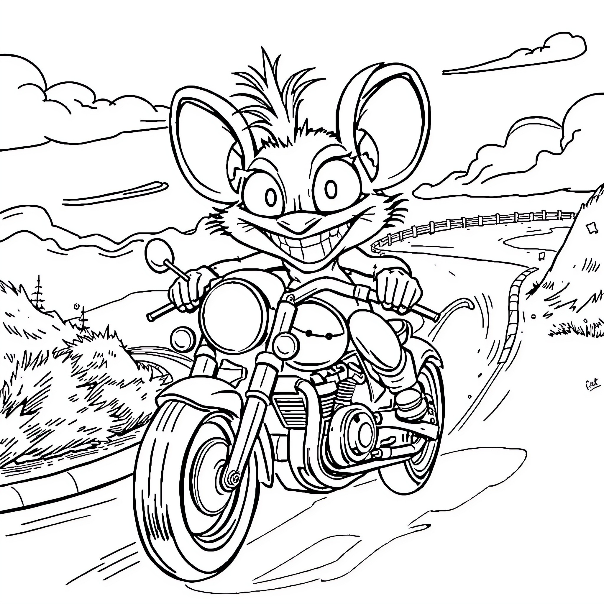 Ratfink riding a motorcycle through the countryside Coloring Page (free black-and-white line drawing printable PDF for all, from beginners to advanced learners, including children, teens, adults, and seniors)