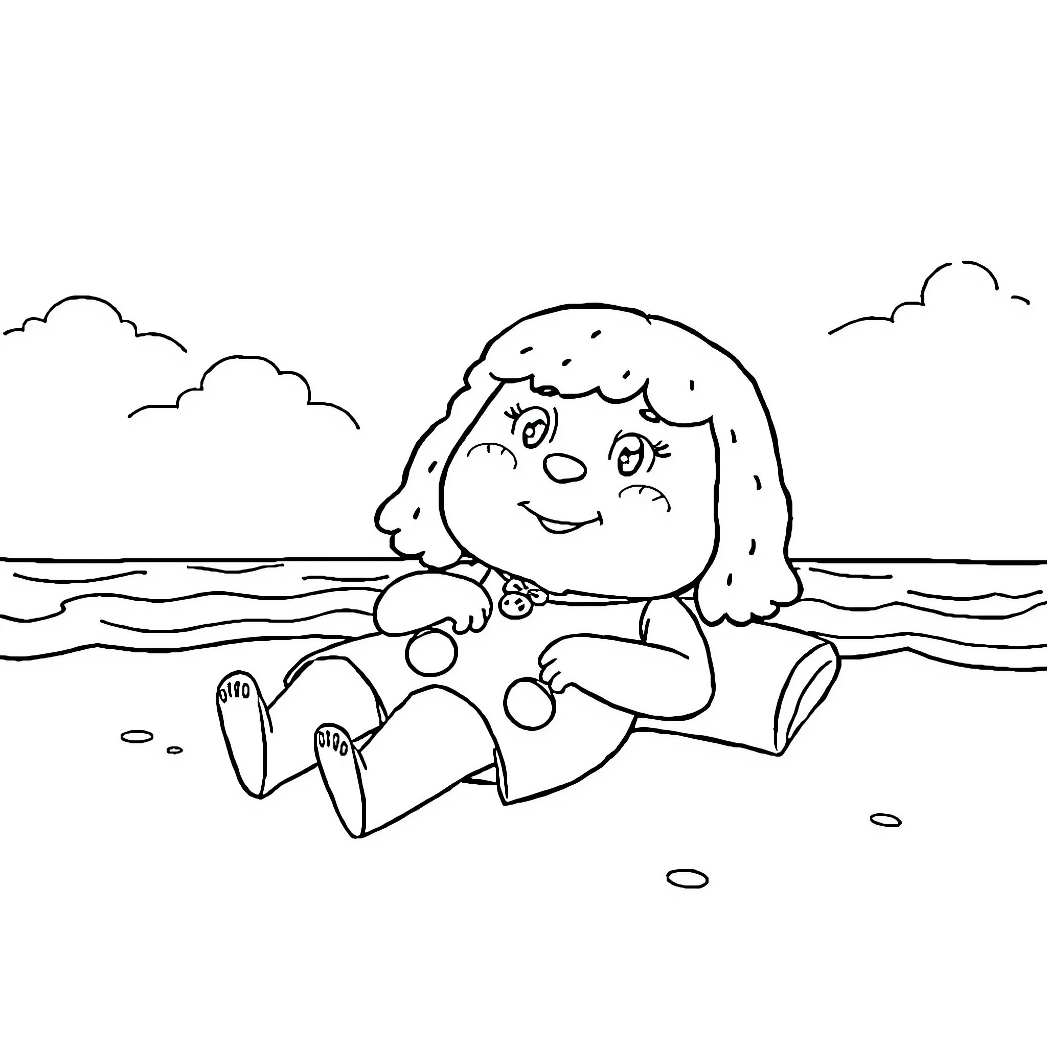 Betty relaxing and enjoying the beach scenery Coloring Page (free black-and-white line drawing printable PDF for all, from beginners to advanced learners, including children, teens, adults, and seniors)